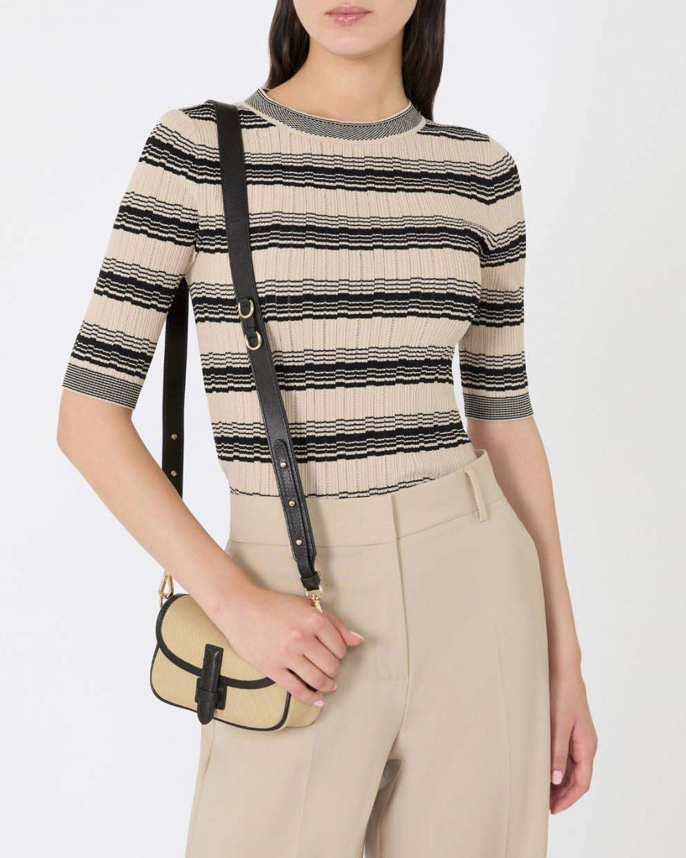 Maglia beige a righe blu in misto viscosa a coste Weekend con maniche al gomito