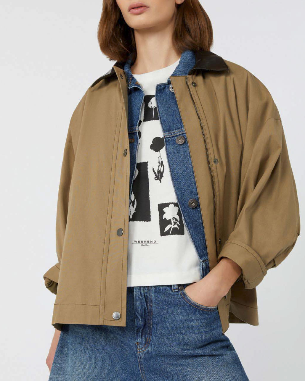 Giubbino beige in canvas di cotone Weekend Max Mara con colletto classico in similpelle a contrasto