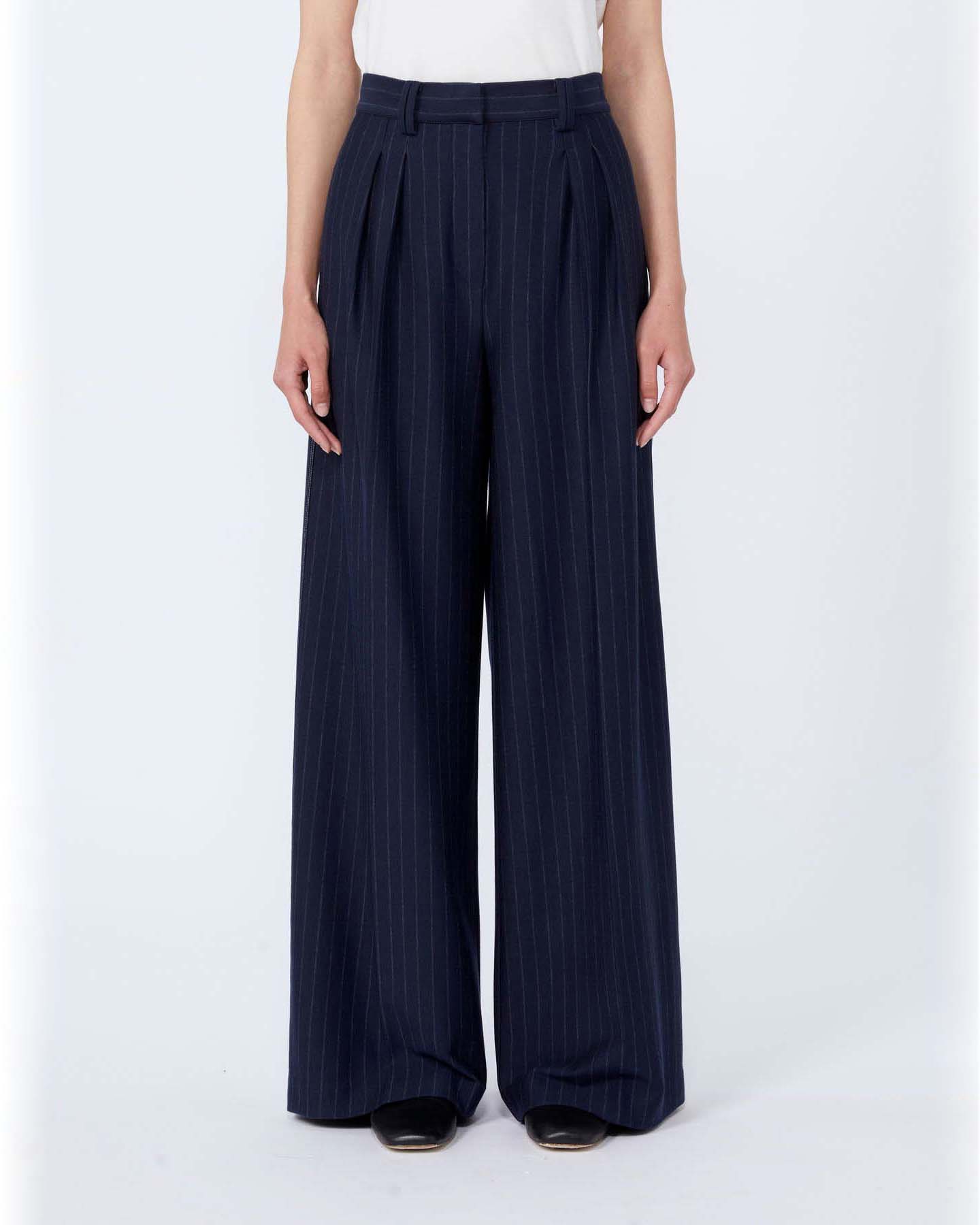 Pantaloni palazzo blu in jersey di viscosa con motivo gessato MM Max Mara con pinces in vita image