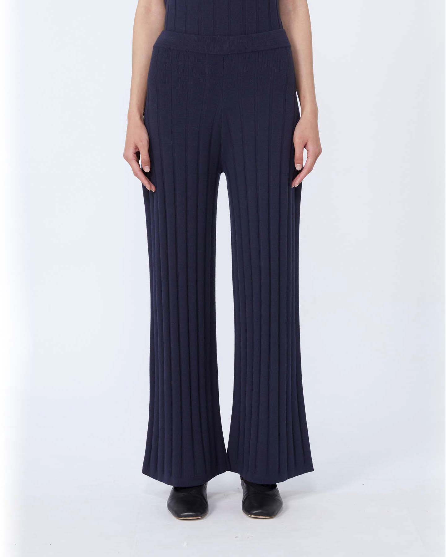 Pantaloni blu in trico di misto viscosa stretch a coste piatte MM Max Mara