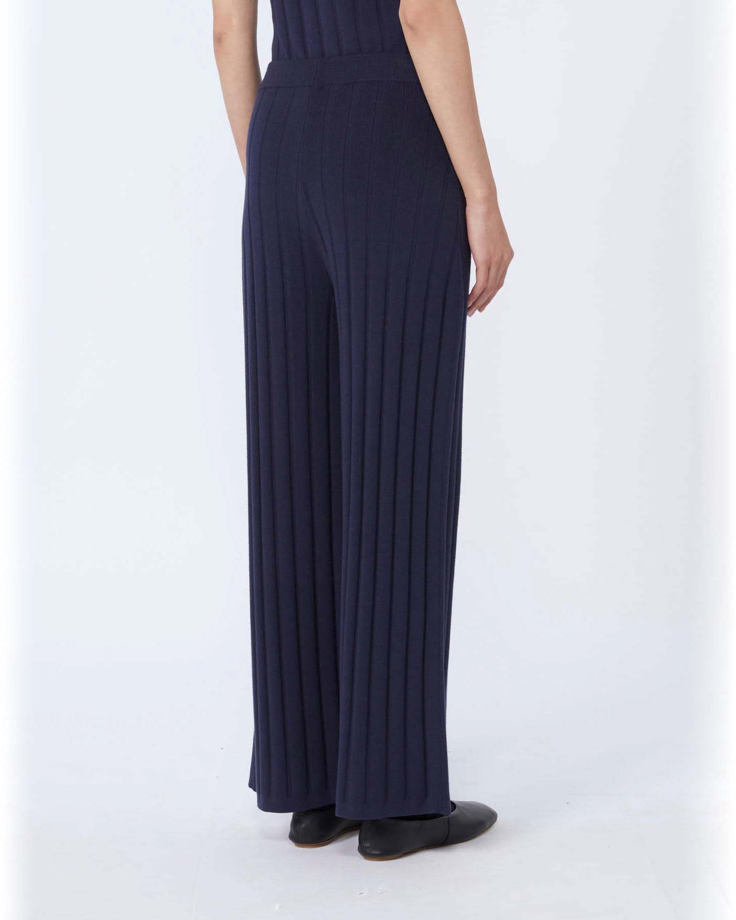Pantaloni blu in trico di misto viscosa stretch a coste piatte MM Max Mara