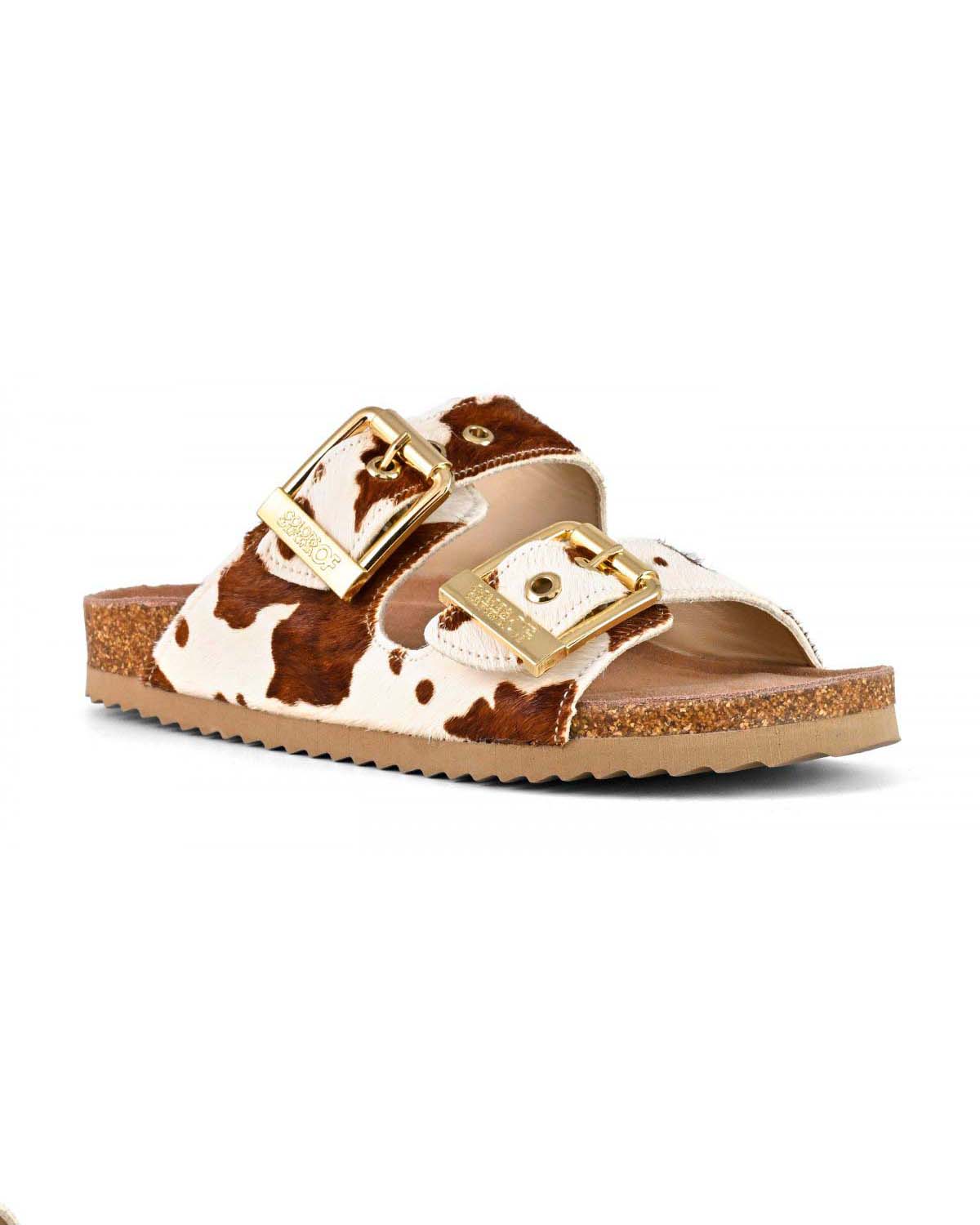 Sandali in cavallino pezzato Colors of California con doppia fascetta e fibbie di chiusura in metallo dorate