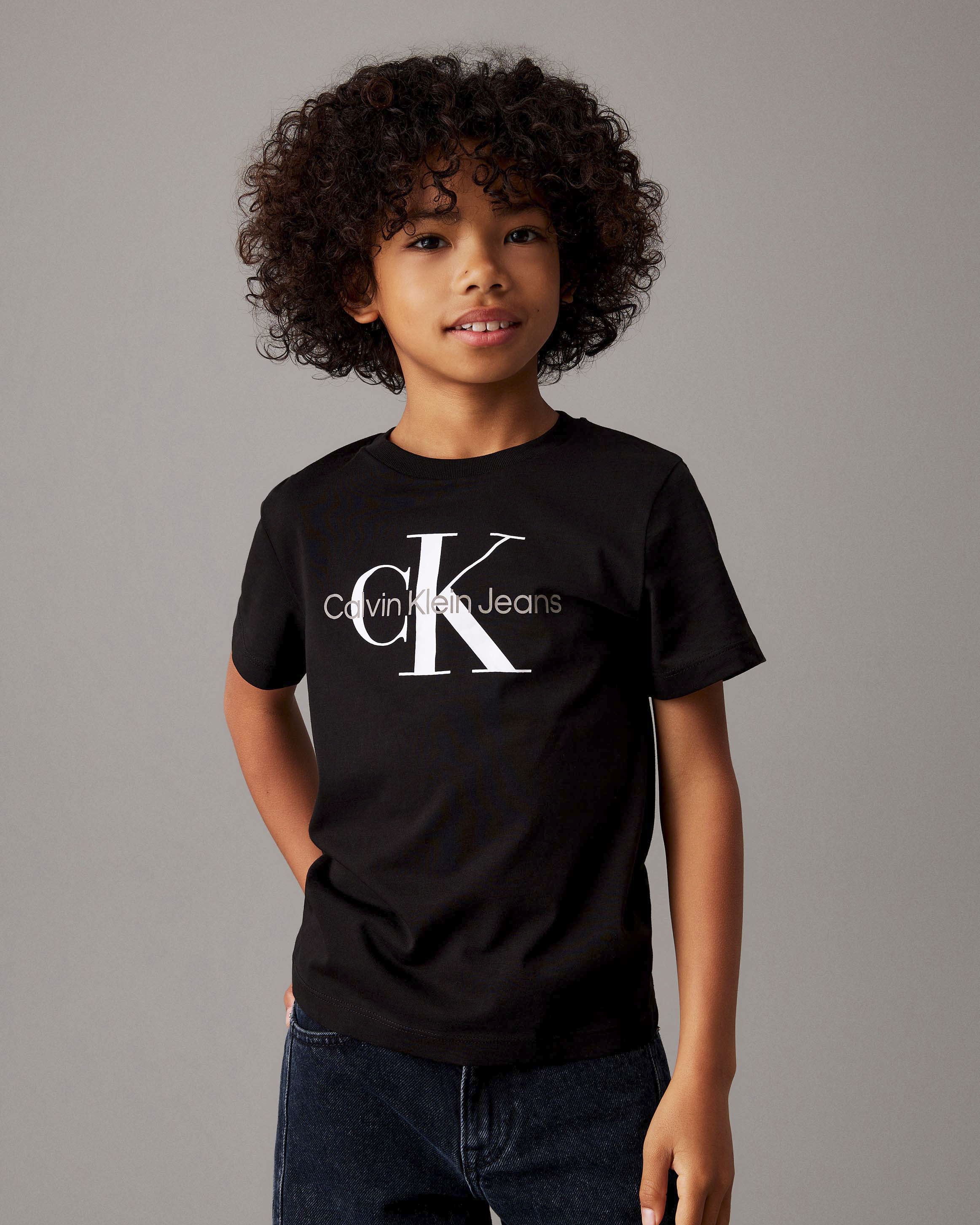 T-shirt mezza manica nera in puro cotone con logo monogram bianco
