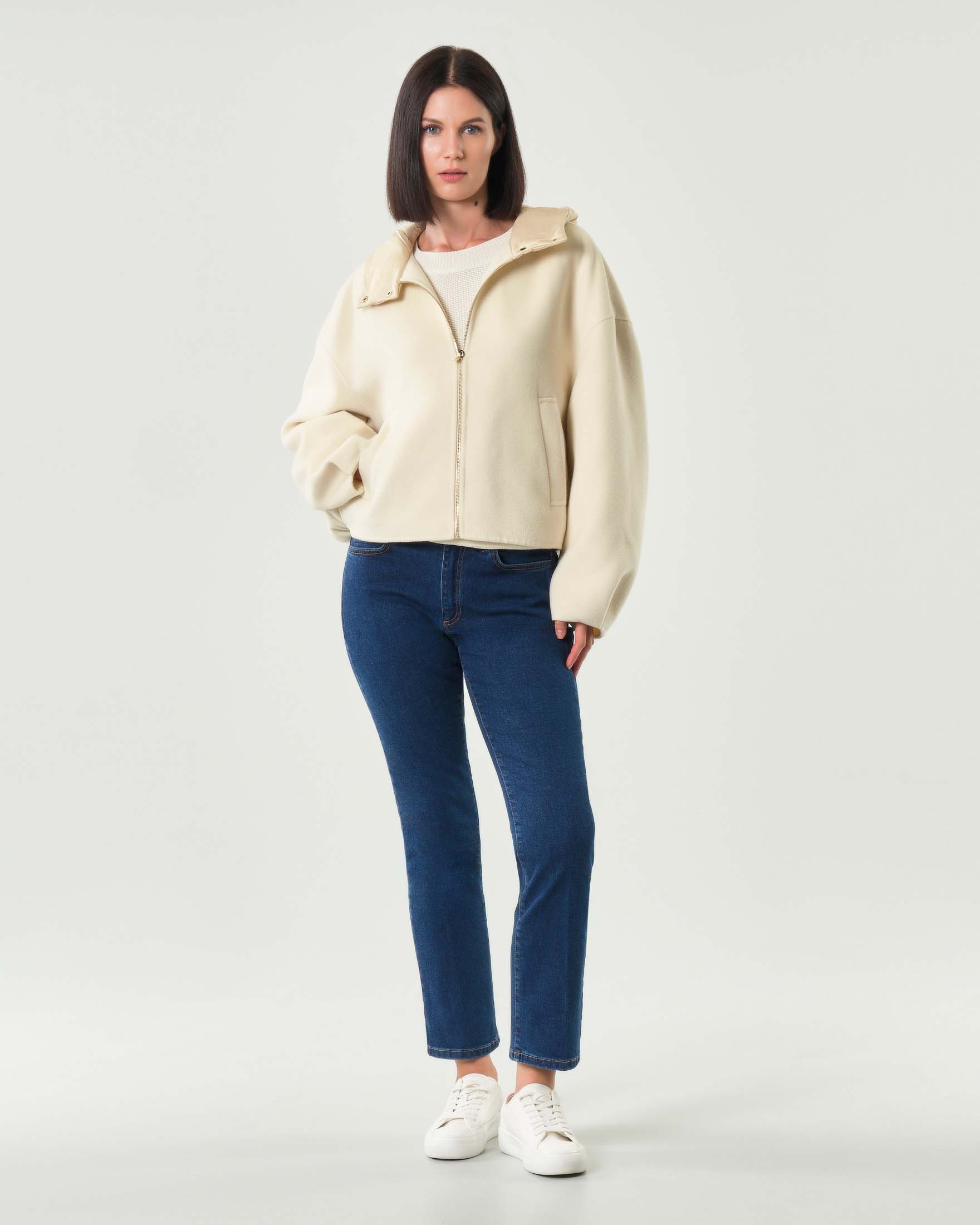 Bomber color burro Emme Marella in panno doulble di misto viscosa con cappuccio imbottito in nylon