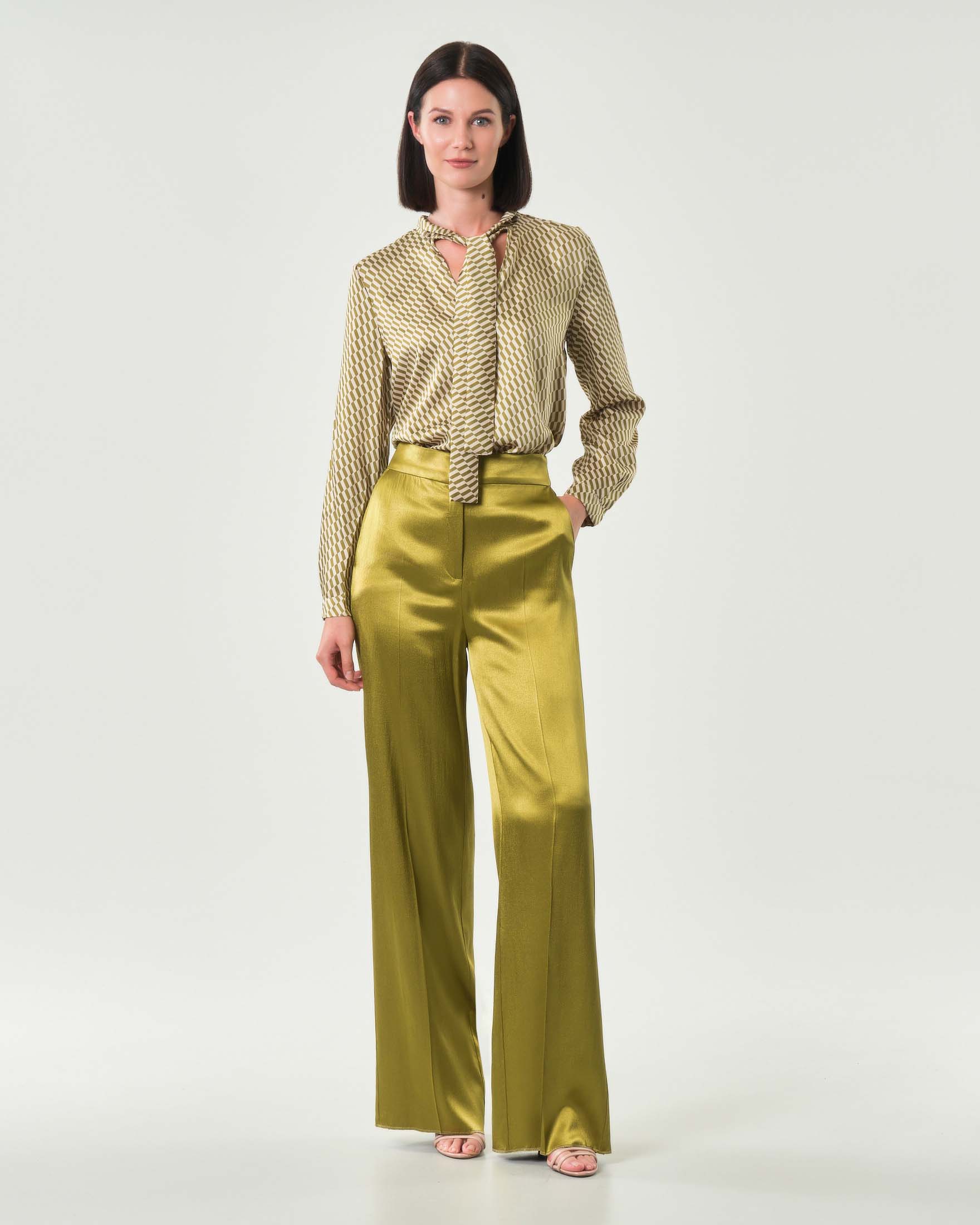 Pantaloni palazzo verde oliva Emme Marella in raso di viscosa stretch