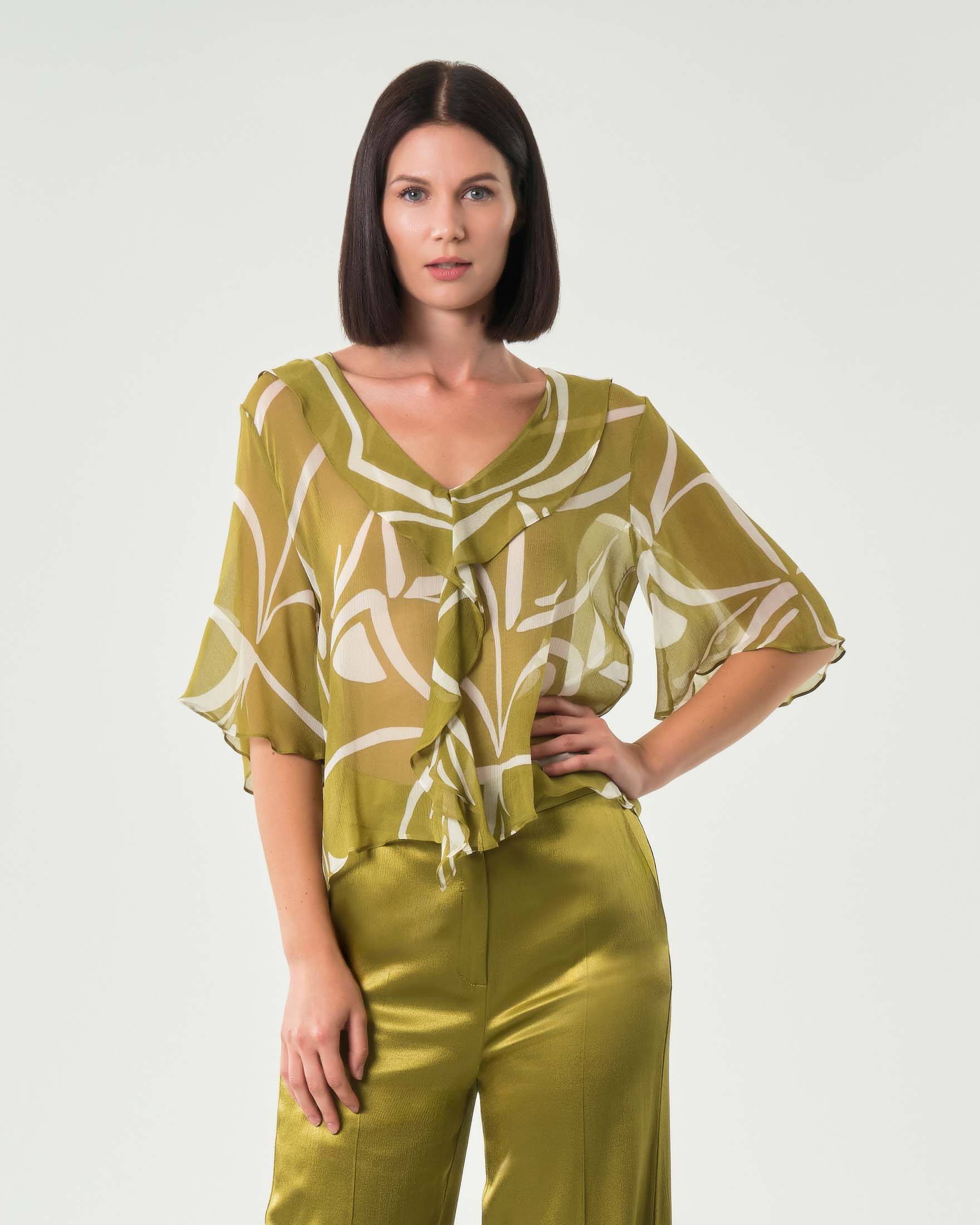 Blusa verde oliva e avorio a fantasia Emme Marella in georgette di viscosa con maniche a volant