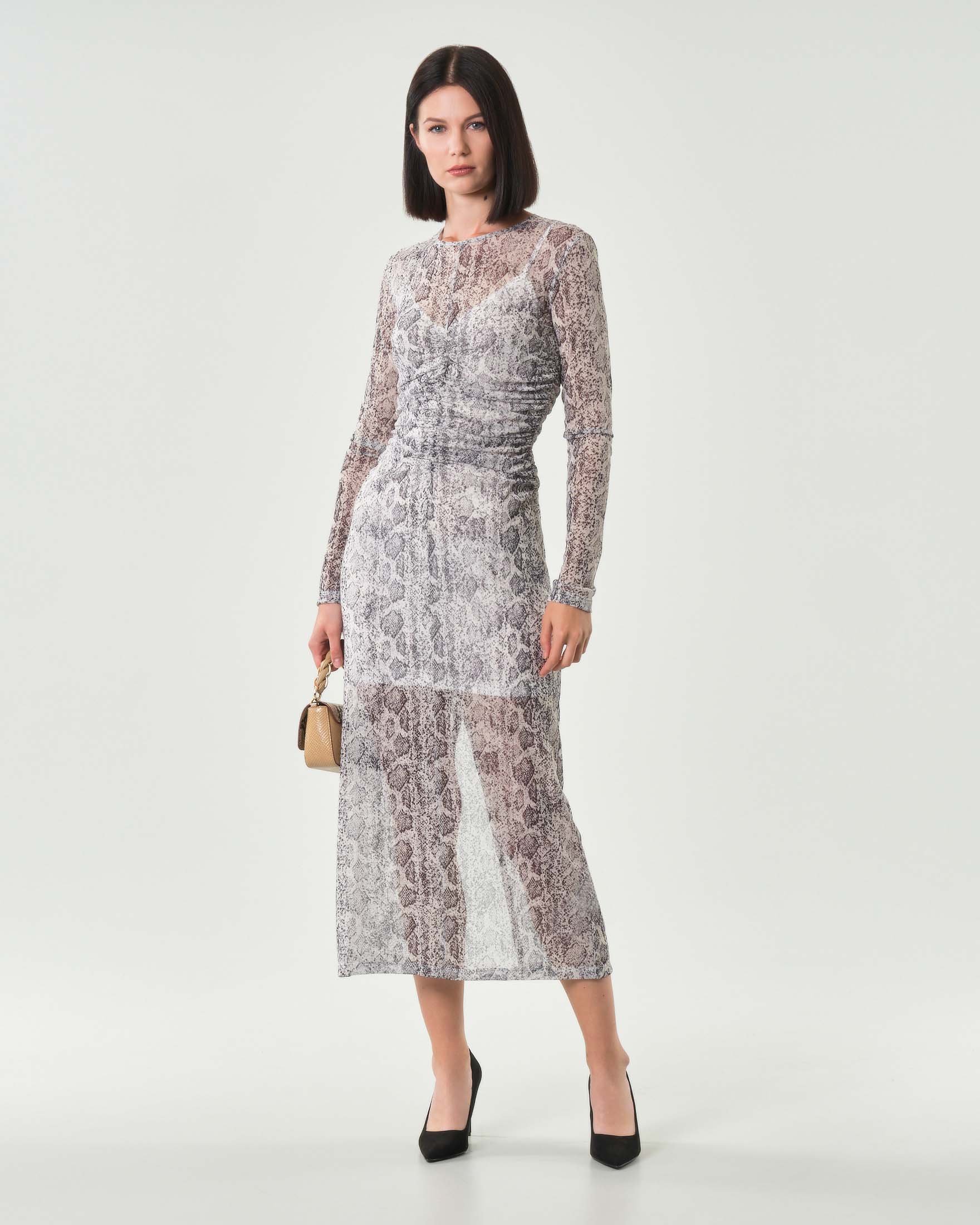 Abito lungo in tulle a fantasia pitonata Emme Marella con arricciatura e maniche lunghe