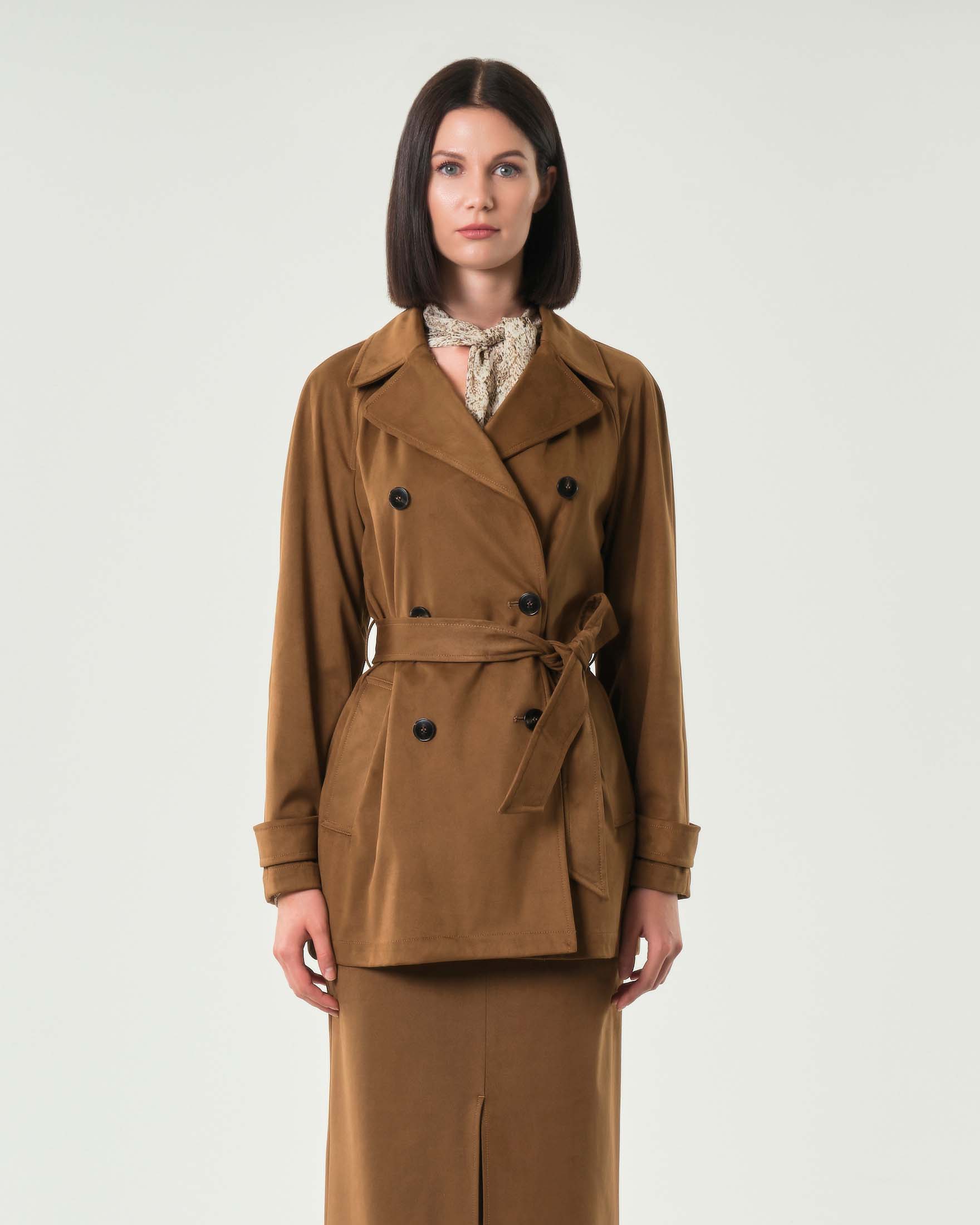 Trench corto color cuoio Emme Marella effetto suede con chiusura a doppiopetto e cintura in vita image