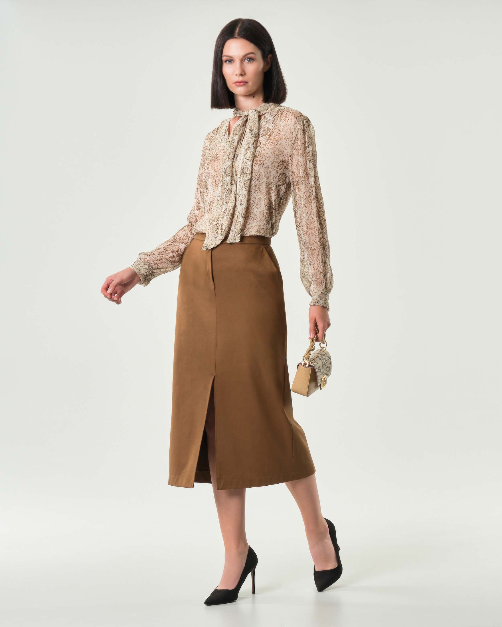 Gonna midi color cuoio Emme Marella in tessuto effetto suede con spacco centrale