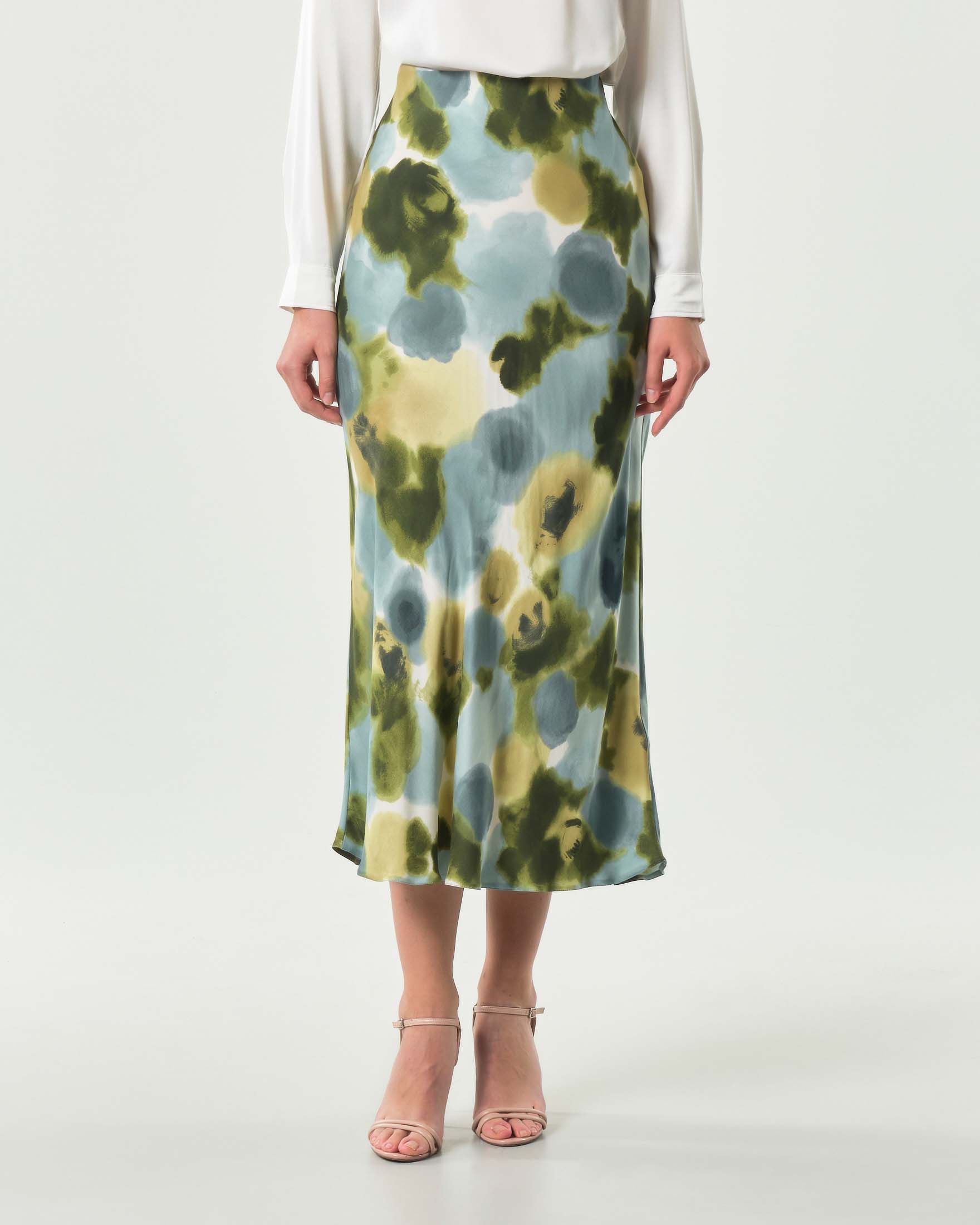 Gonna lunga Emme Marella a fantasia acquerello azzurra e verde in raso di viscosa image