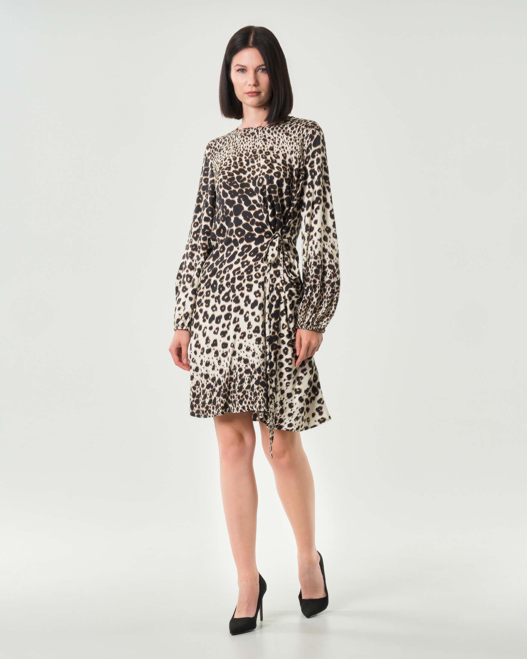 Abito corto animalier Emme Marella in viscosa con maniche lunghe e nastrino sul fianco