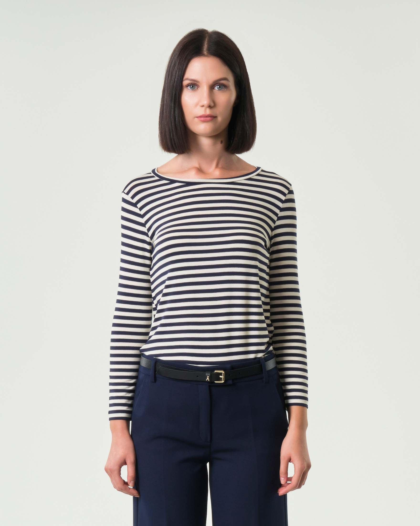T-shirt color panna a righe nere Emme Marella a maniche lunghe in viscosa stretch