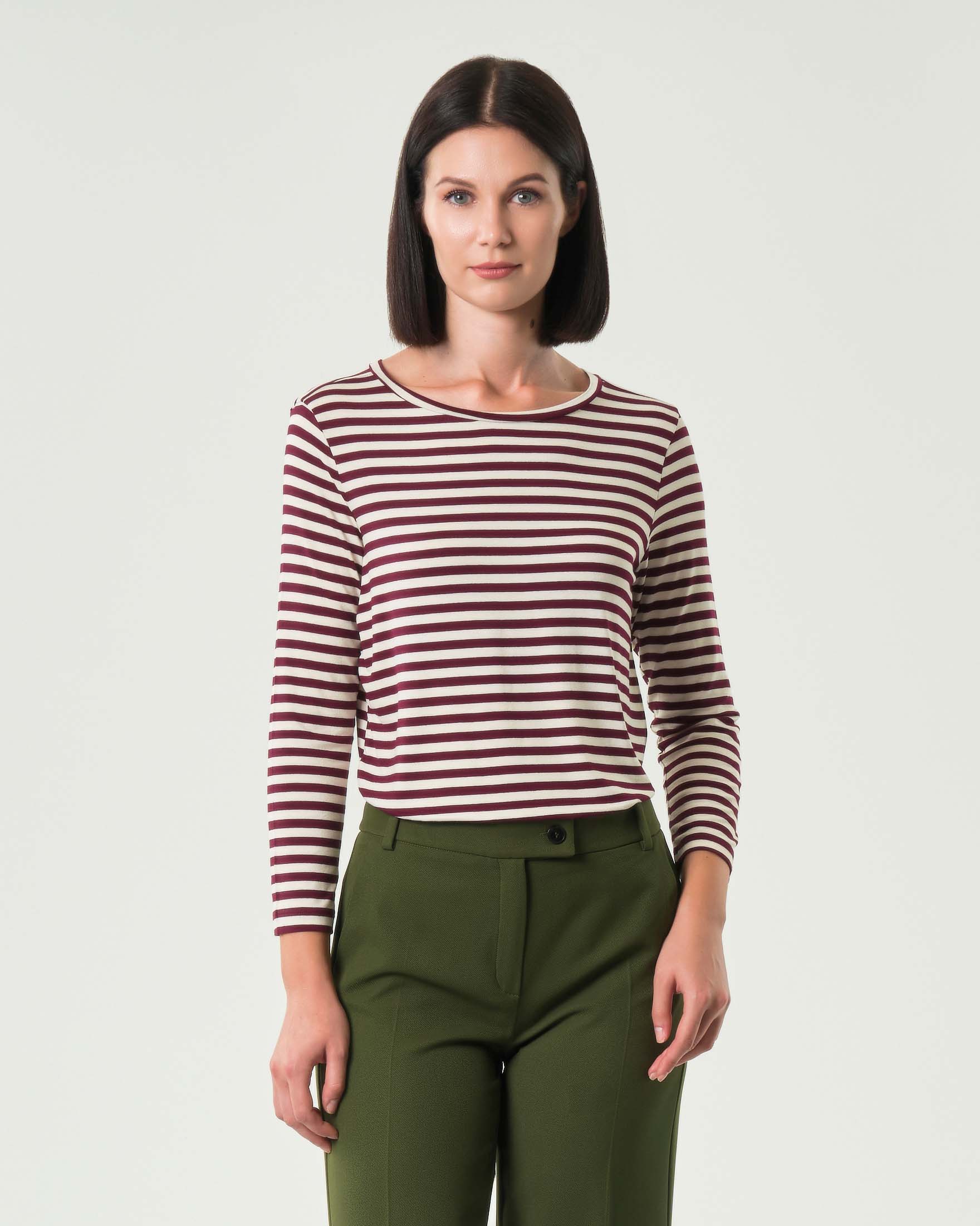 T-shirt color panna a righe bordeaux Emme Marella a maniche lunghe in viscosa stretch