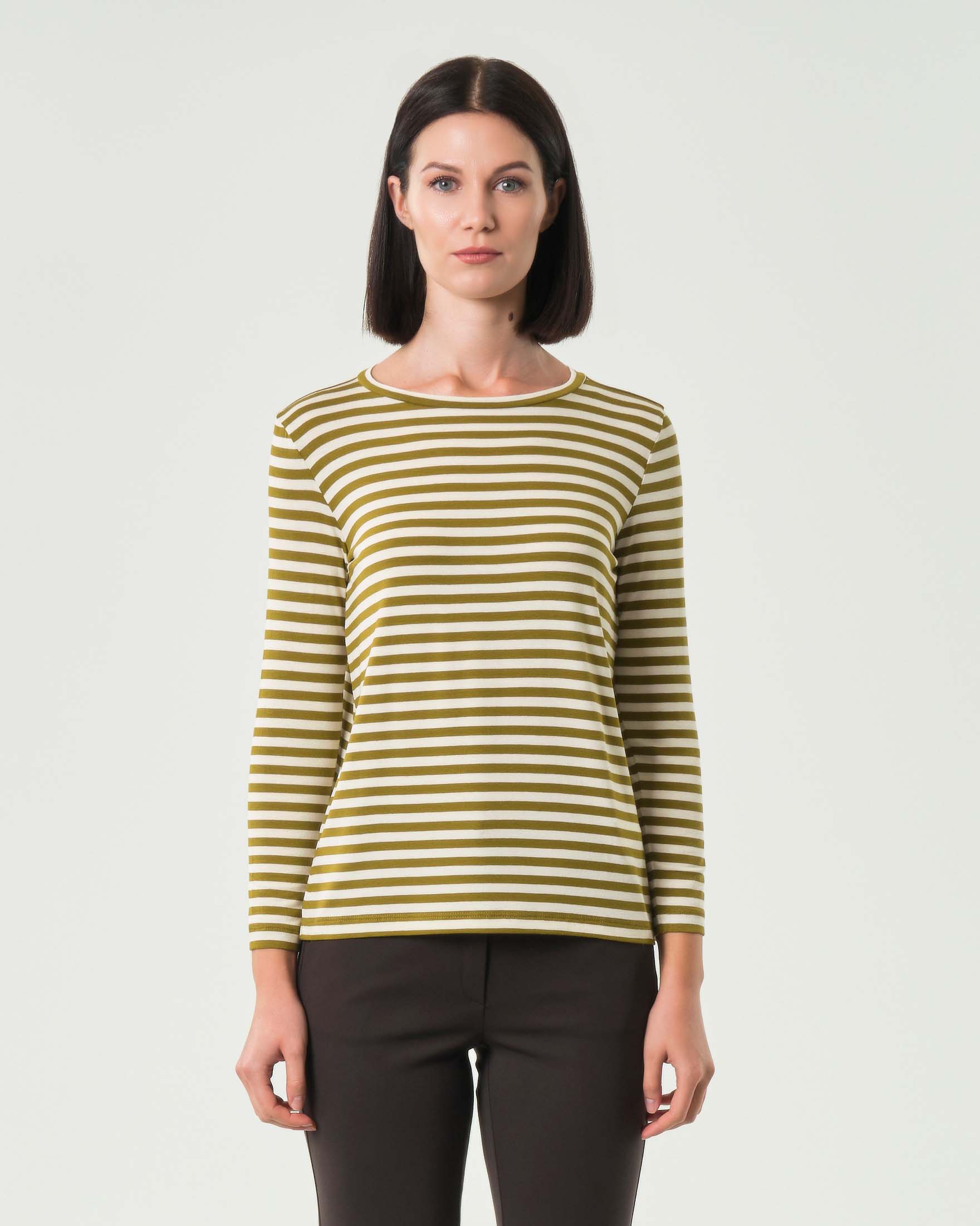 T-shirt color panna a righe verde oliva Emme Marella a maniche lunghe in viscosa stretch