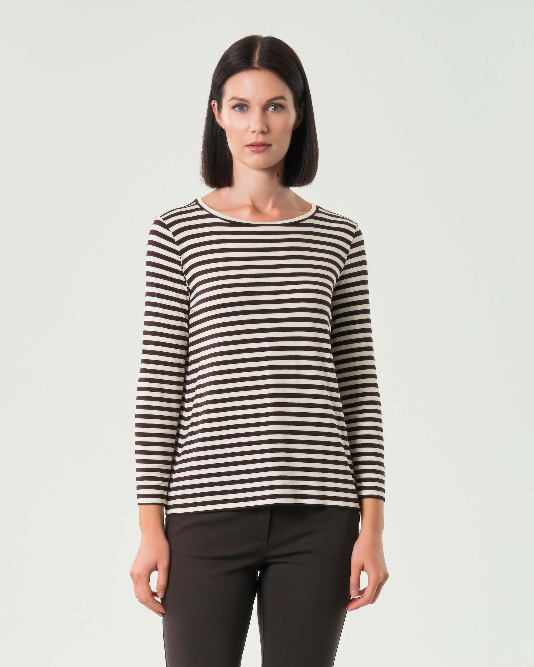 T-shirt color panna a righe marroni Emme Marella a maniche lunghe in viscosa stretch