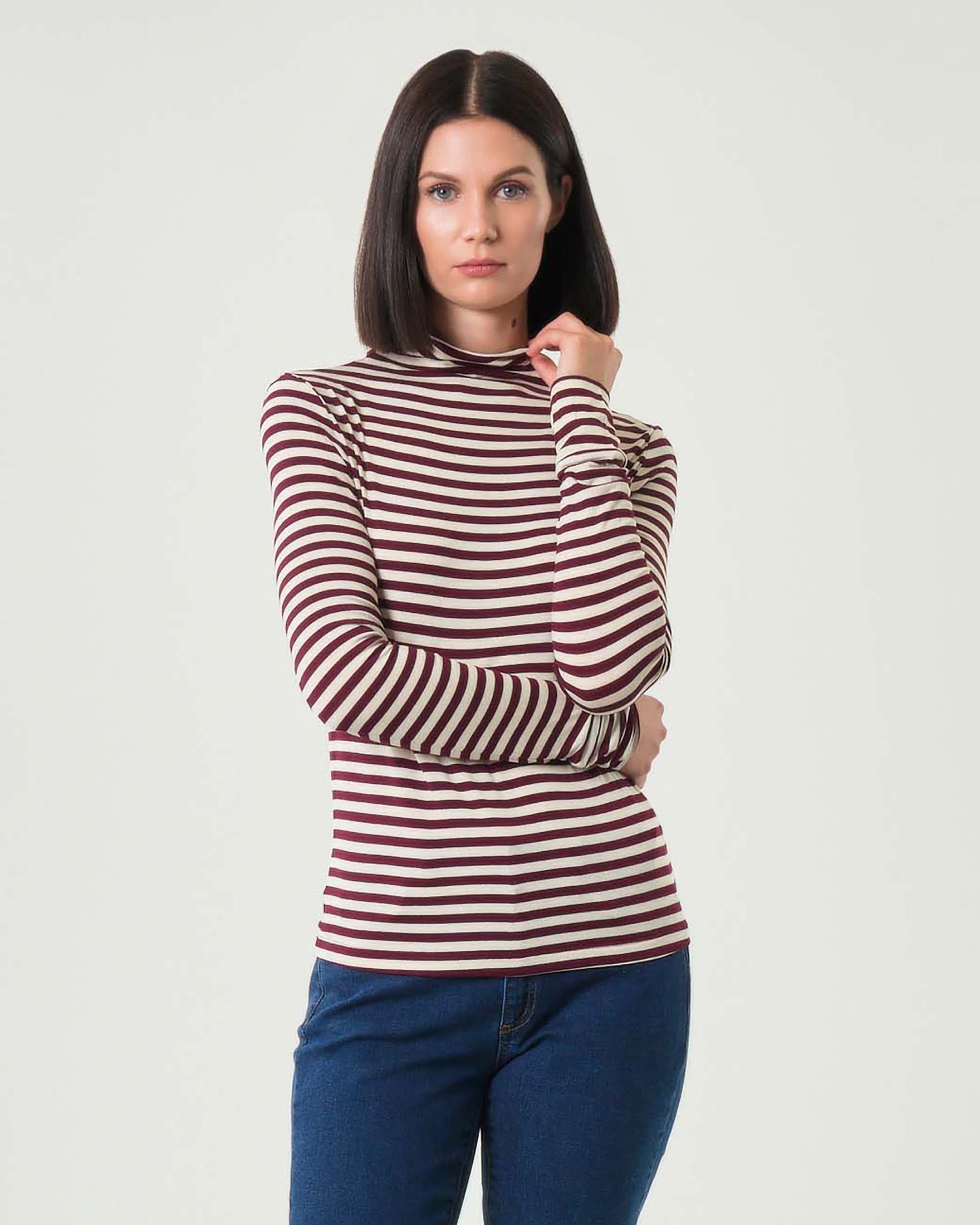 T-shirt a collo alto color panna a righe bordeaux Emme Marella a maniche lunghe in viscosa stretch