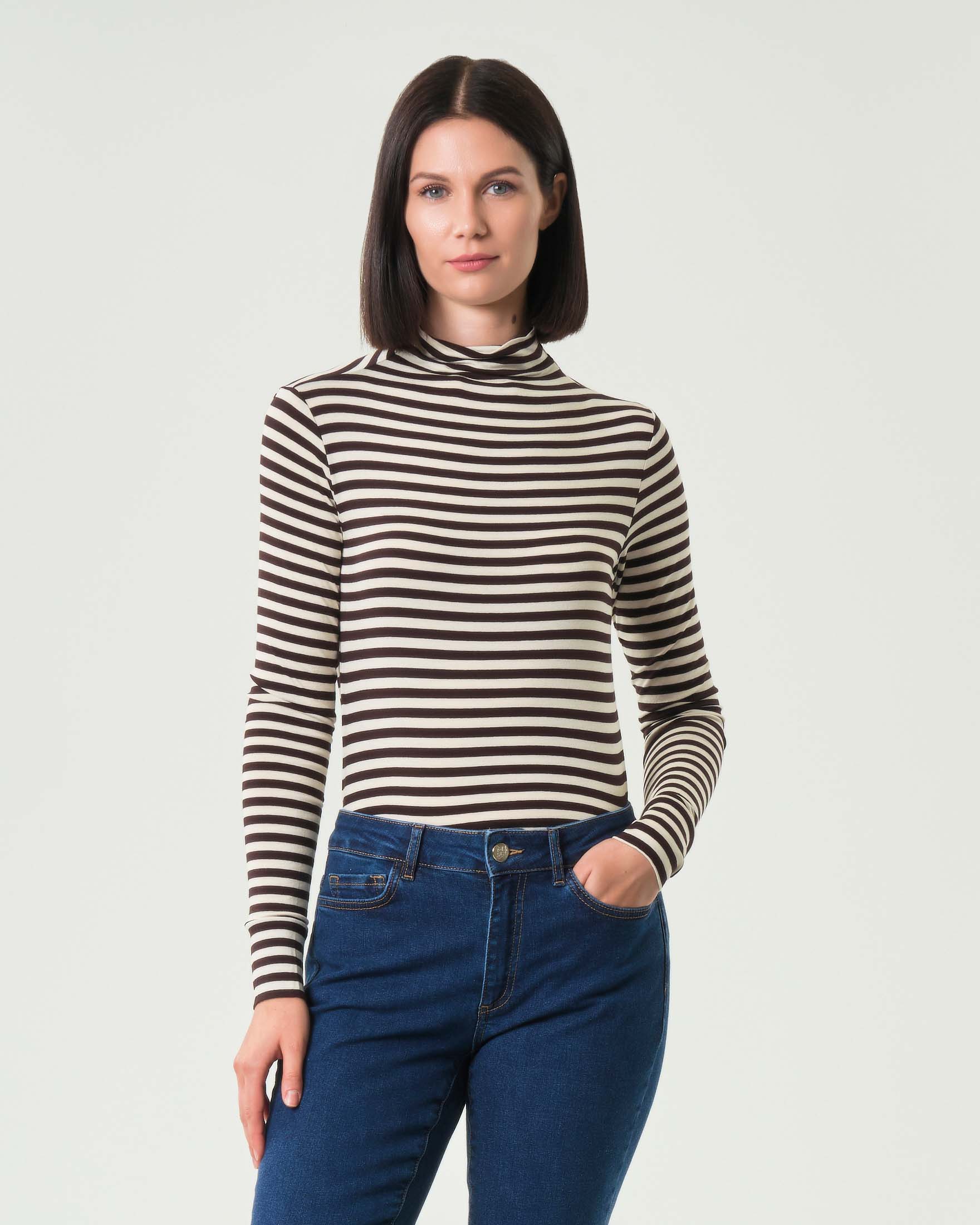 T-shirt a collo alto color panna a righe marroni Emme Marella a maniche lunghe in viscosa stretch