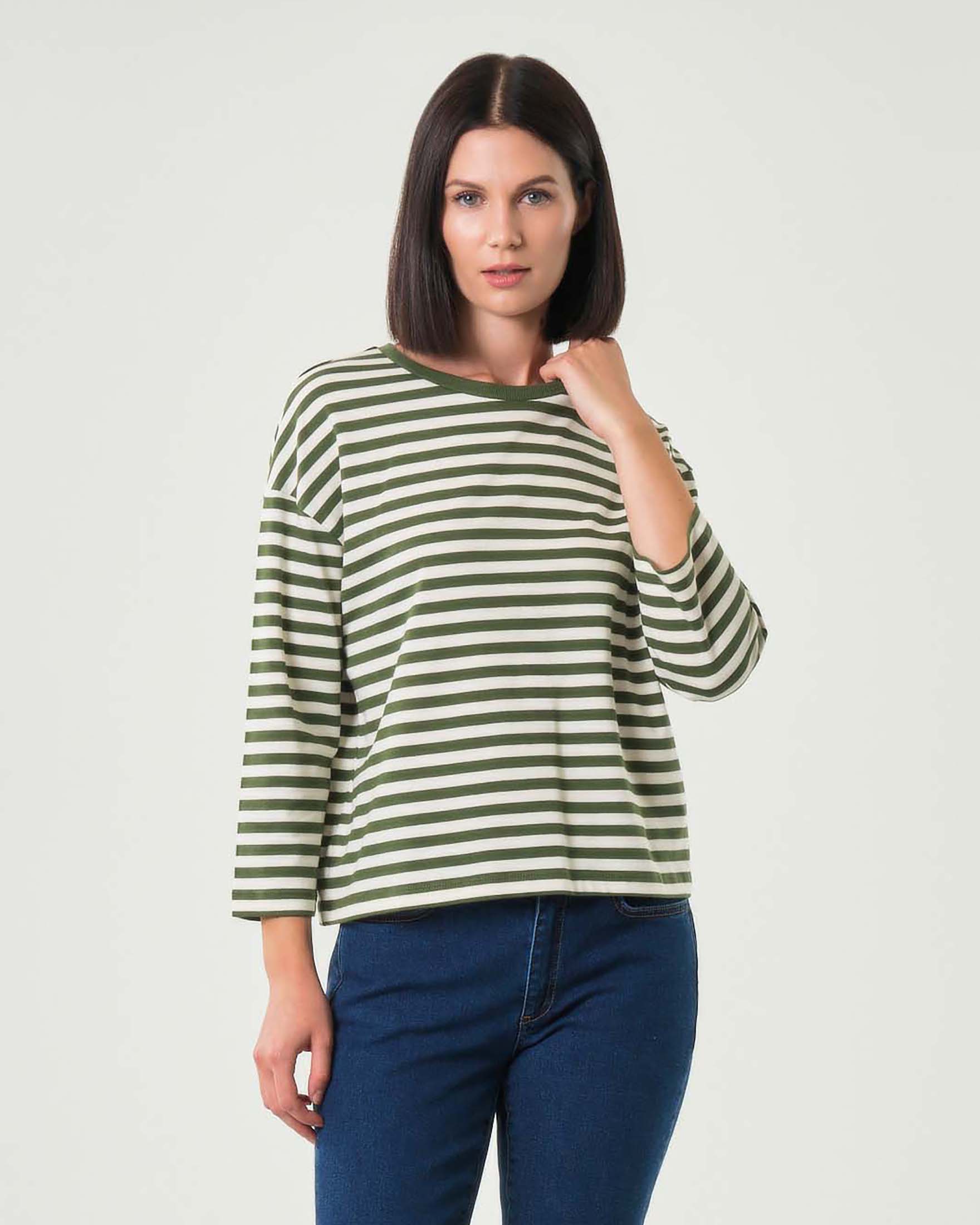 Felpa leggera Emme Marella in cotone a righe color panna e verde