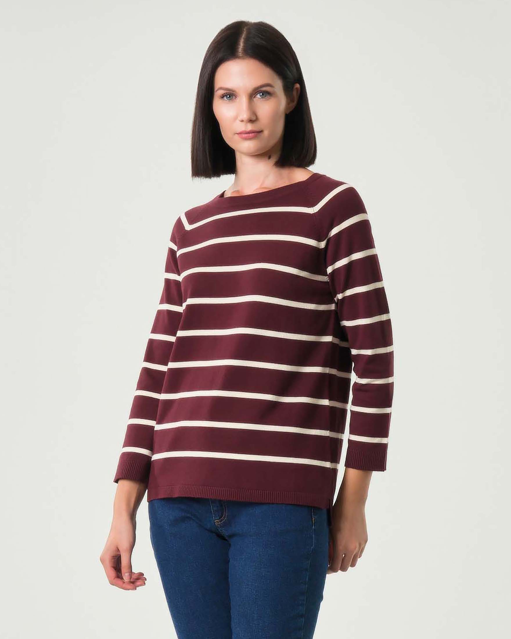 Maglia girocollo bordeaux Emme Marella a righe bianche in misto viscosa con spacchi laterali