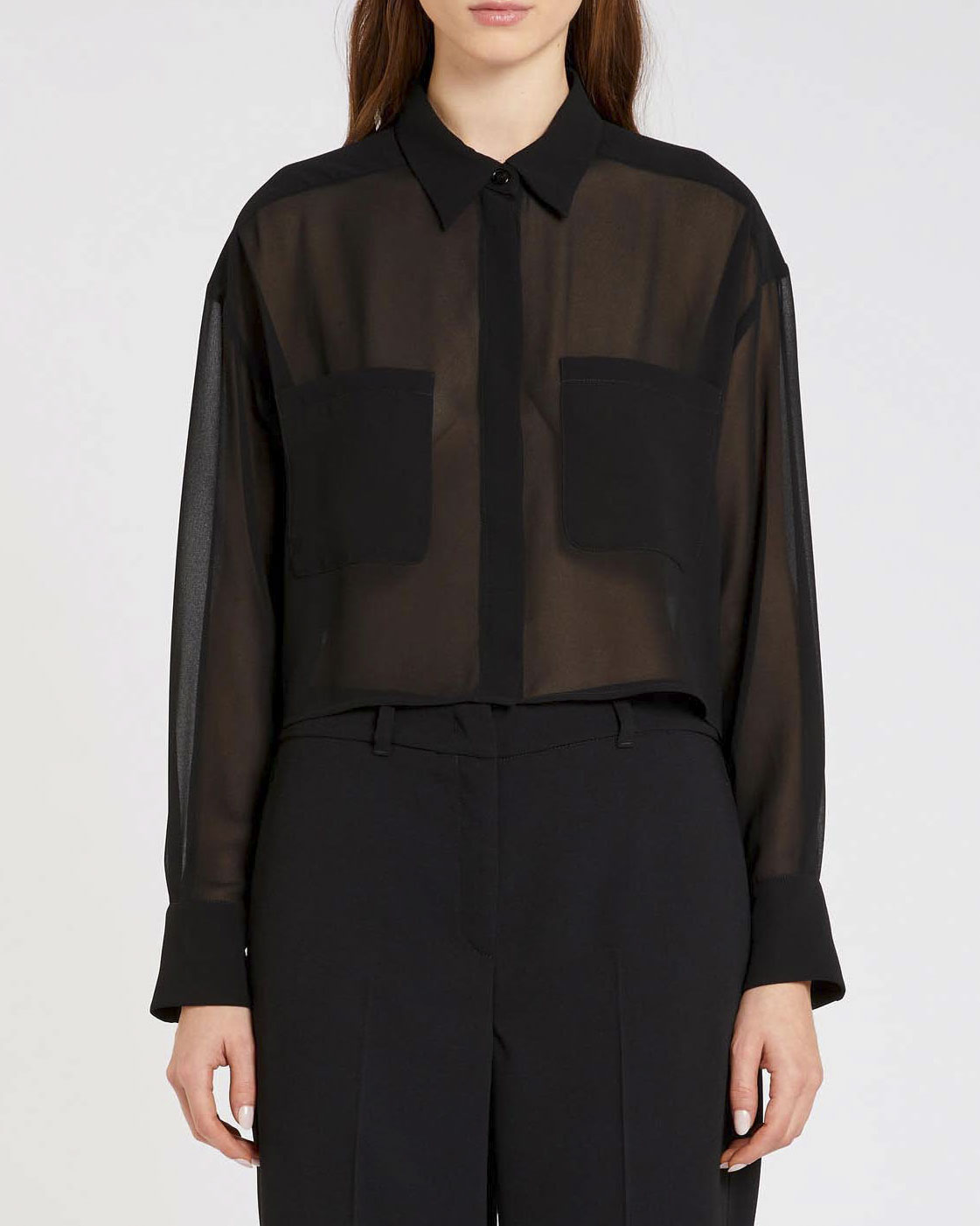 Camicia over nera in georgette crêpe Marella 365 con tasconi applicati sul petto