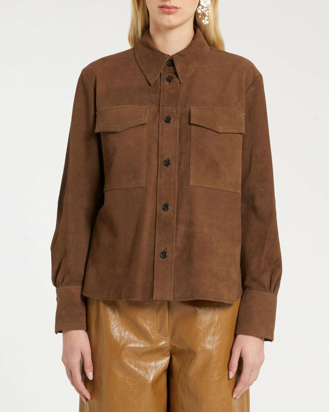 Giacca camicia Marella marrone in suede con  doppia tasca sul petto