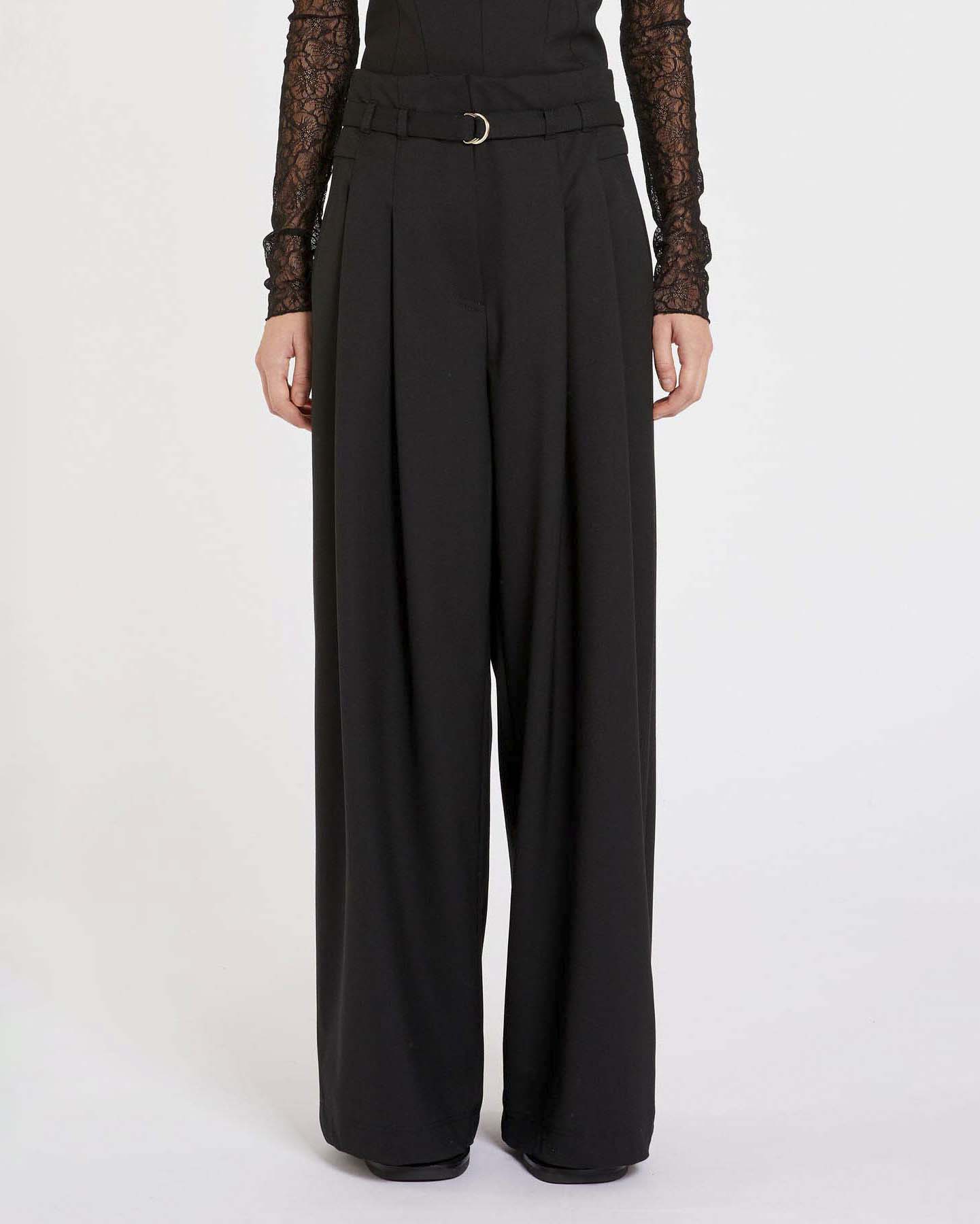 Pantaloni neri ampi a vita alta Marella in tessuto diagonale stretch di misto lana con doppia pinces in vita