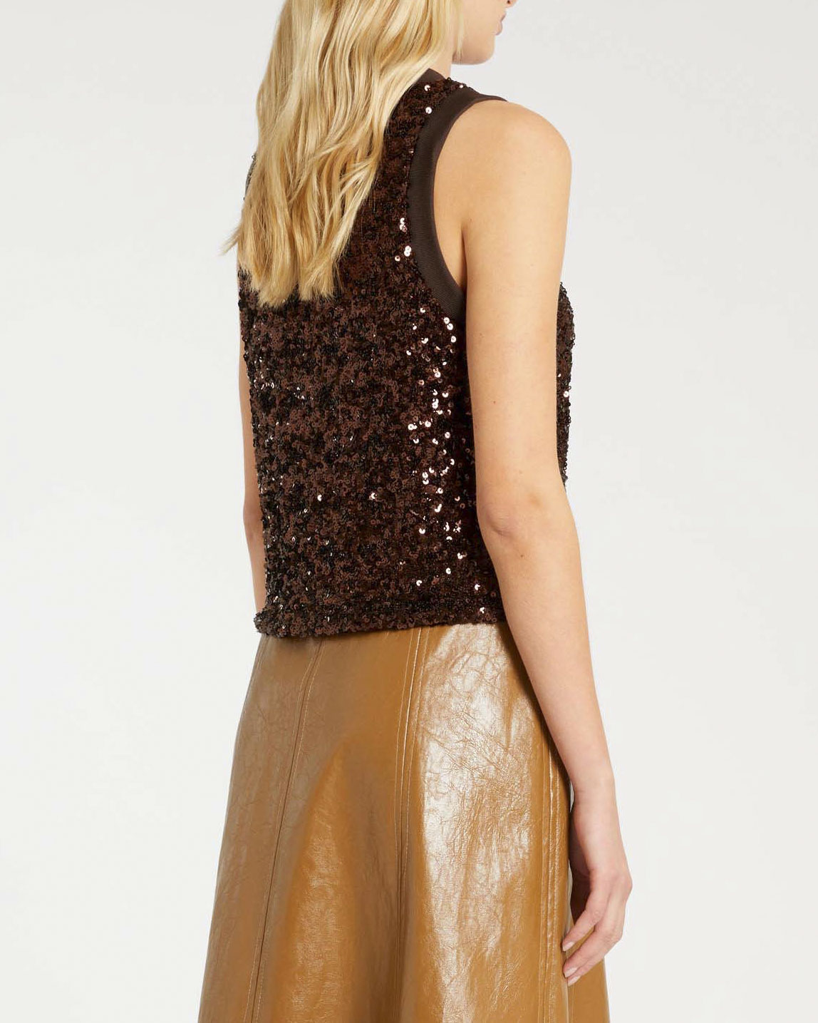 Top marrone Marella in paillettes senza maniche con profili lavorati a costine image