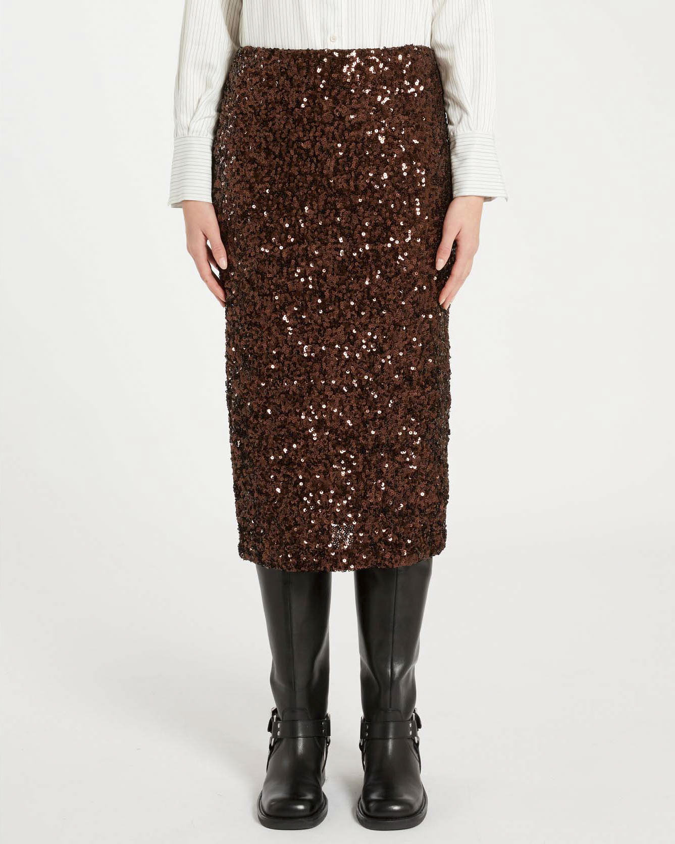 Gonna midi a tubino marrone Marella in paillettes all over con spacco