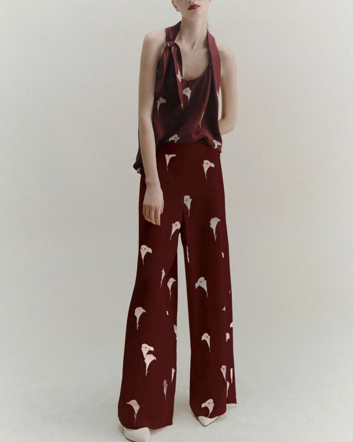 Pantaloni palazzo bordeaux Marella in crêpe de Chine di pura seta