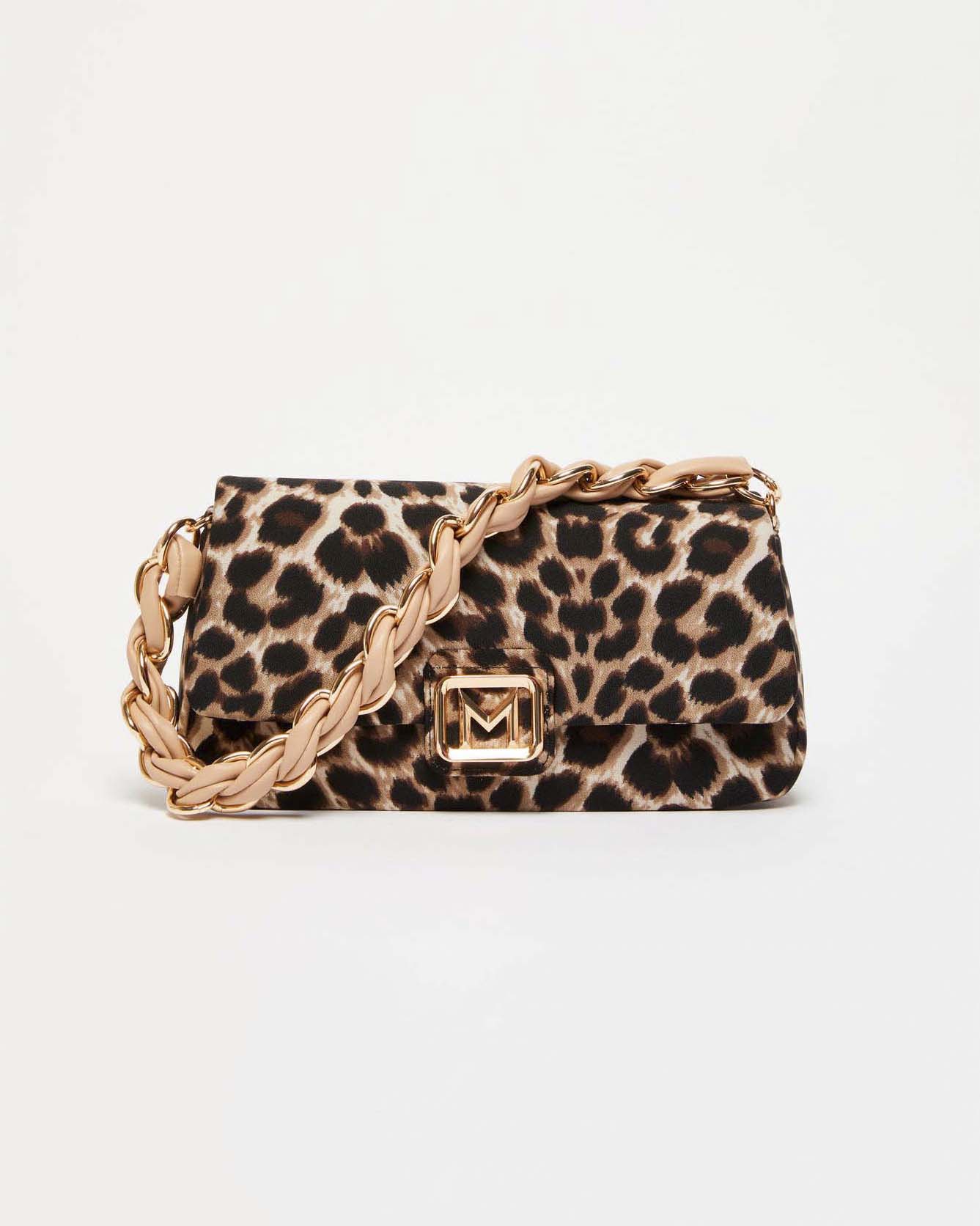 Borsa Emily Marella in tessuto a fantasia animalier con catena a intreccio e patta con fibbia logo dorata