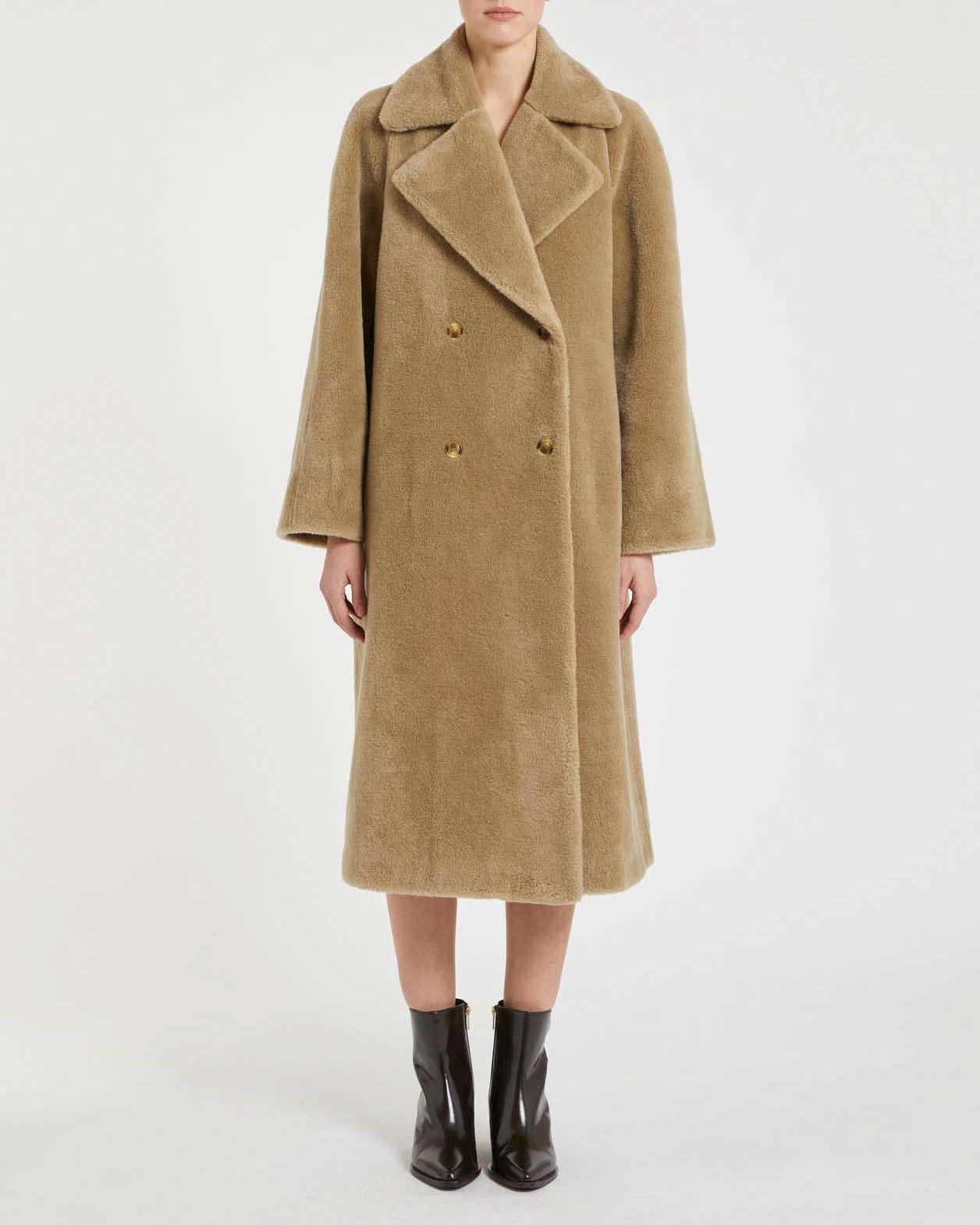 Cappotto doppiopetto color cammello Marella in maglia di lana con effetto furry