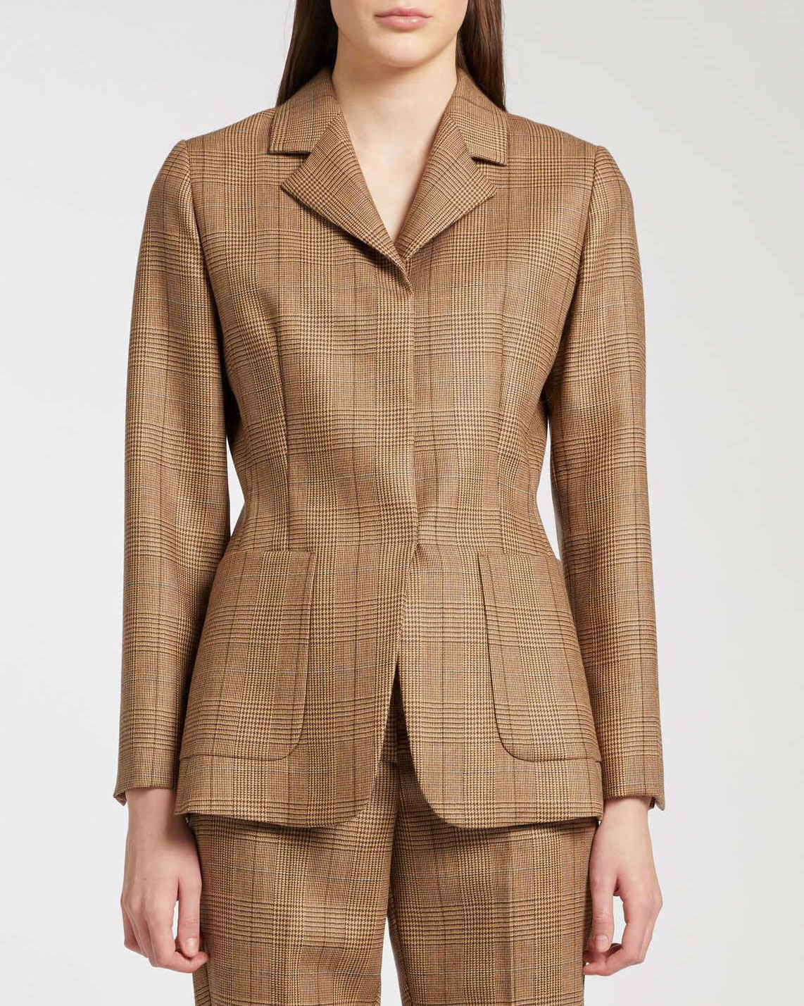 Giacca in pura lana Marella in color cammello a fantasia principe di Galles dalla linea sfiancata