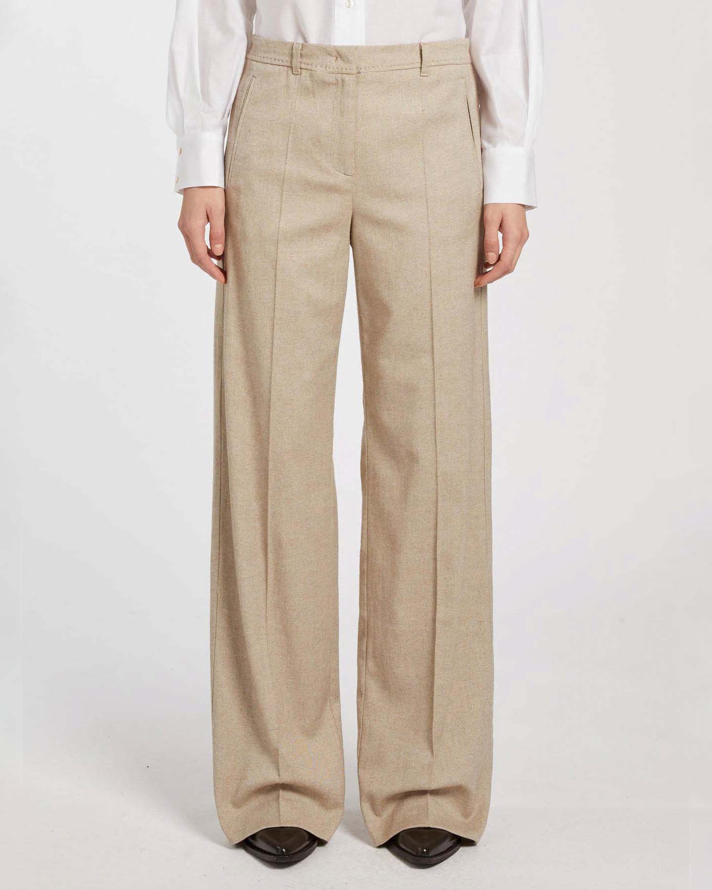 Pantaloni greige Marella in sablé di lana e viscosa stretch dalla linea a palazzo con piega stirata
