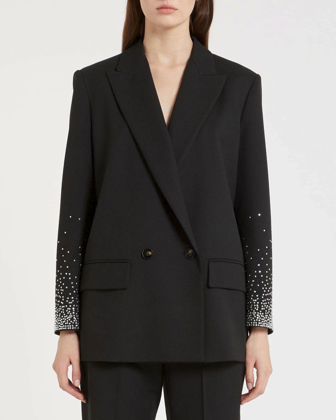Blazer nero doppiopetto Marella in misto viscosa con ricamo con borchie e strass lungo le maniche