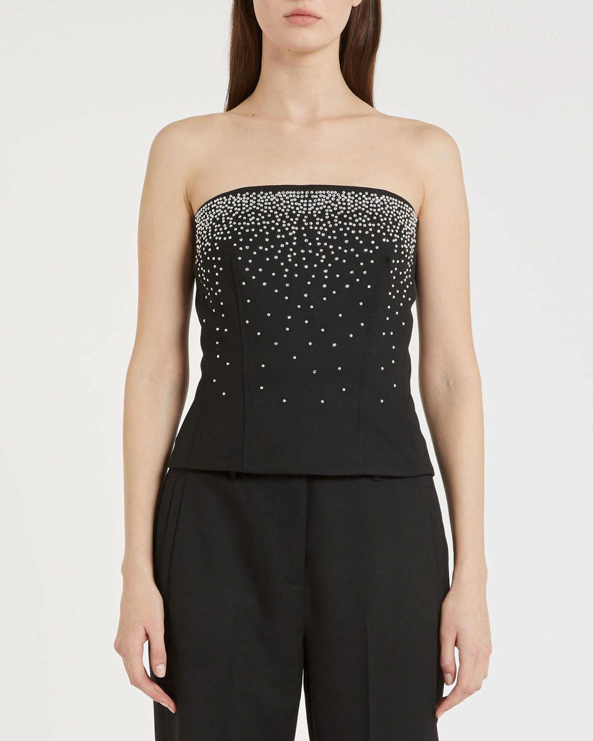 Bustier nero Marella con scollo dritto in misto viscosa con ricamo con borchie e strass