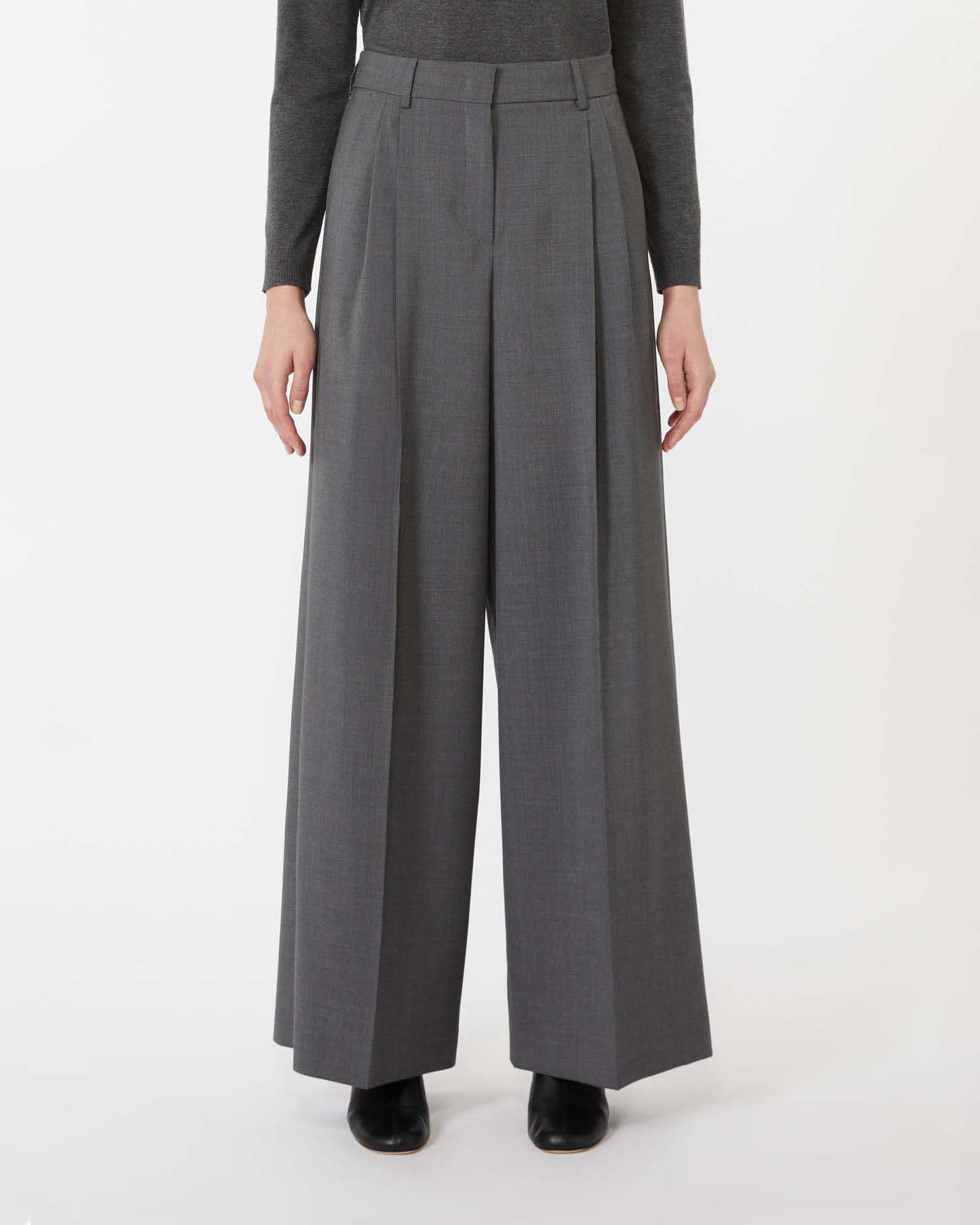 Pantaloni wide grigio antracite Weekend Max mara in tela di pura lana natural stretch con pinces in vita