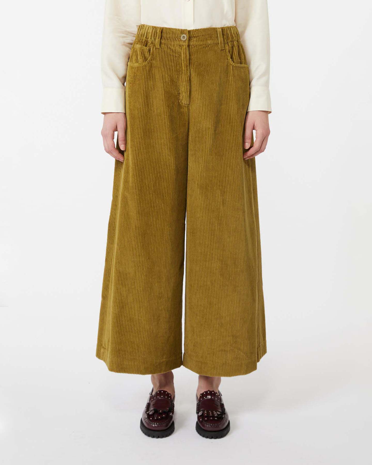 Pantaloni ampi cropped verde oliva Weekend Max Mara in velluto di puro cotone 350 righe con elastico inserito in vita image