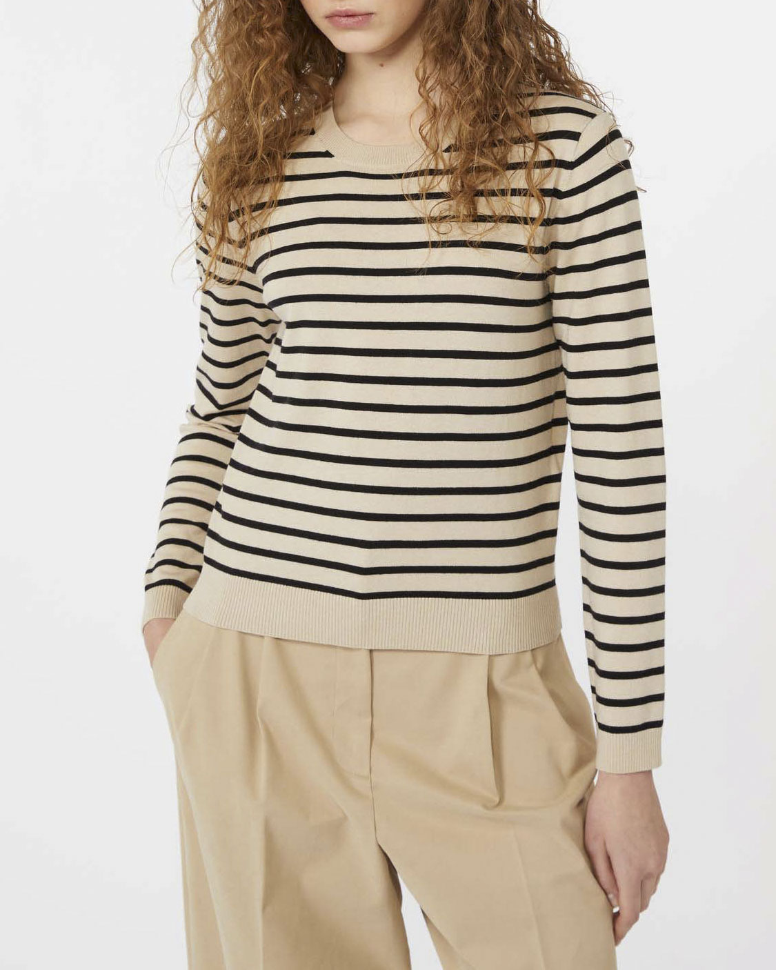 Maglia color sabbia a righe blu Weekend in lana e sata con scollo a giro