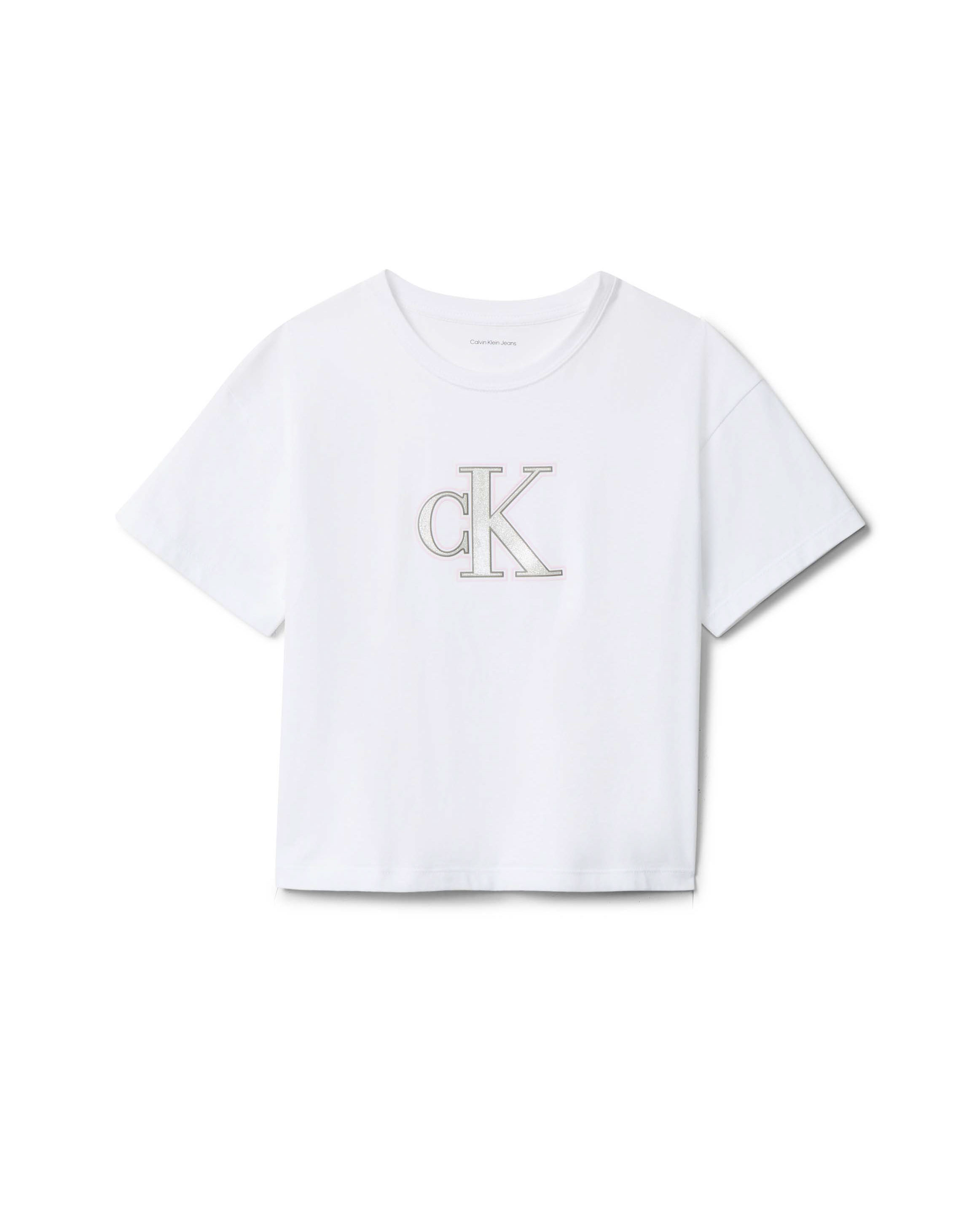 T-shirt Calvin Klein bianca con logo monogram glitterato