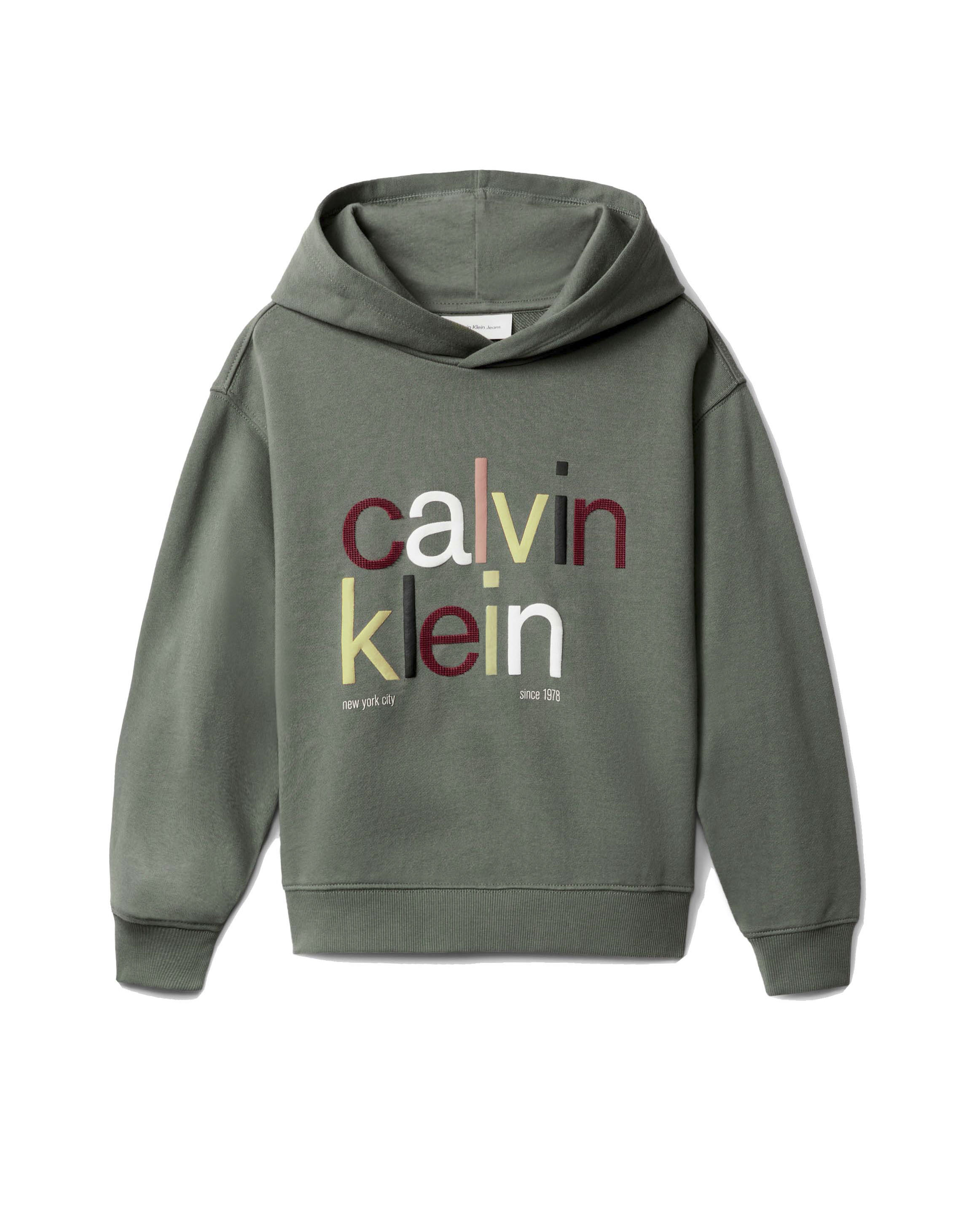 Felpa Calvin Klein verde militare a maniche lunghe con cappuccio e logo multicolor