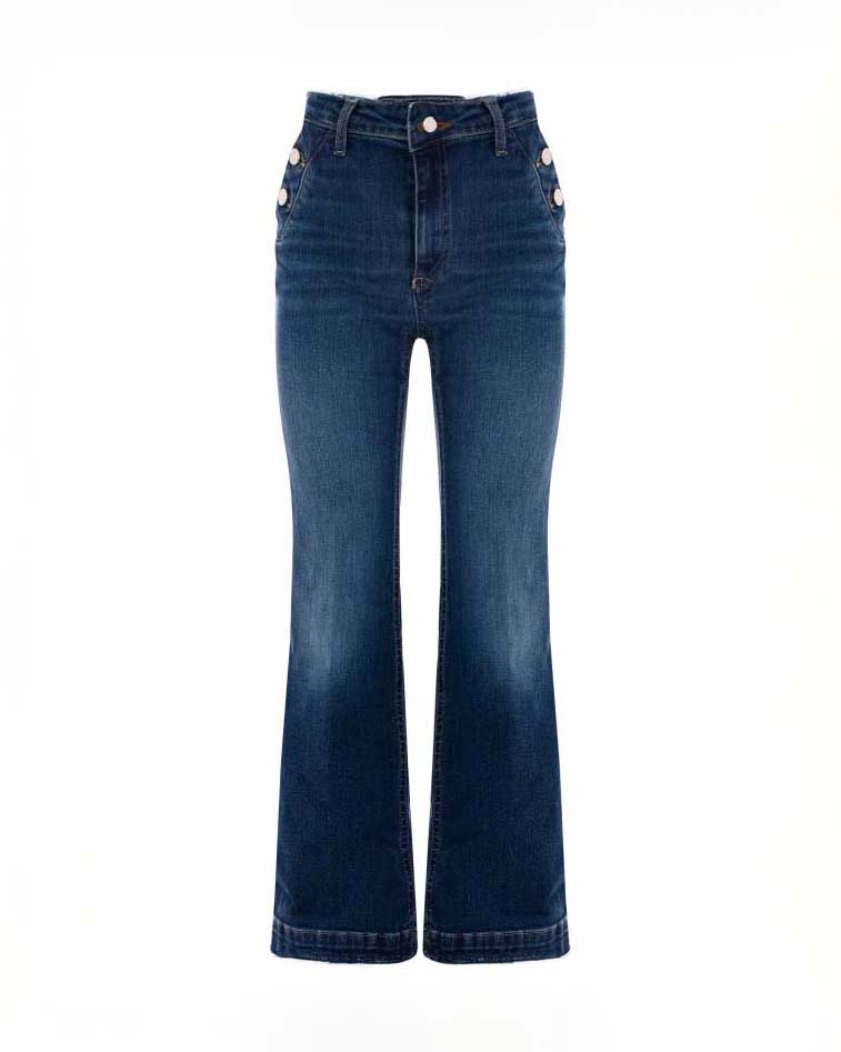 Jeans flare Kocca a vita alta in cotone stretch lavaggio scuro stone washed
