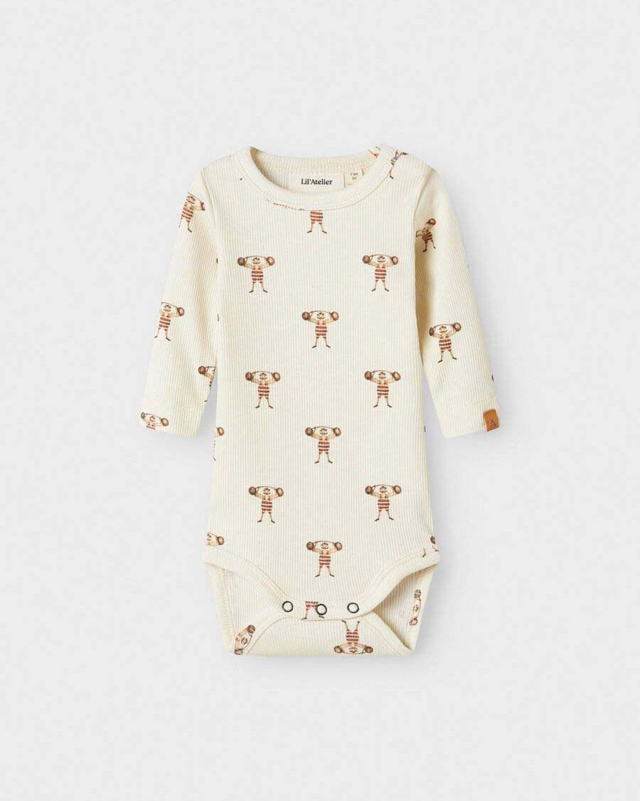 Body Lil'Atelier avorio in cotone stretch a maniche lunghe con fantasia strong man
