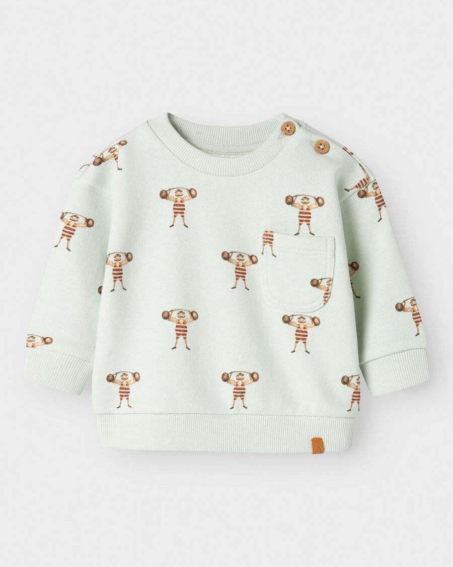 Felpa Lil'Atelier verde acqua in puro cotone con fantasia strong man