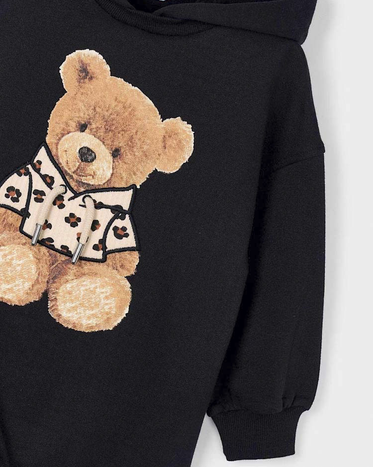 Abito Mayoral nero a maniche lunghe in felpa di cotone stretch con cappuccio e orsetto image