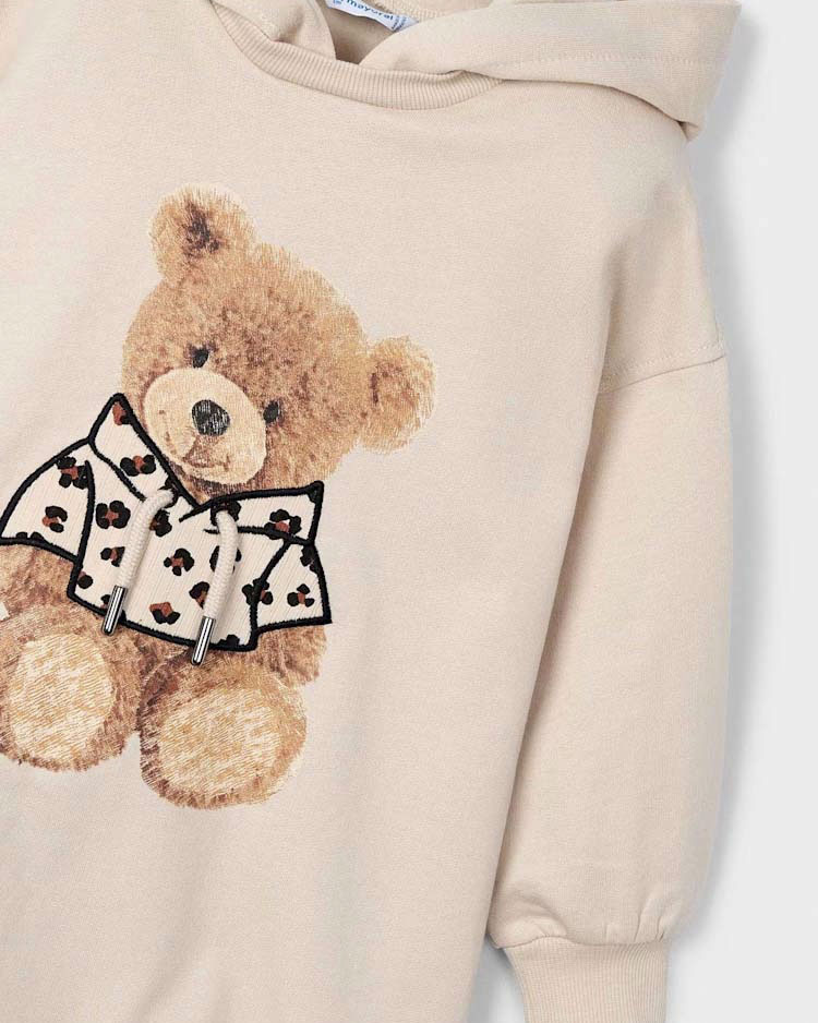 Abito Mayoral color panna a maniche lunghe in felpa di cotone stretch con cappuccio e orsetto image