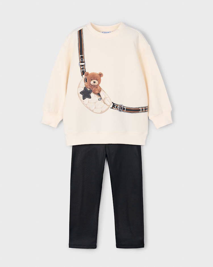 Completo Mayoral pullover avorio e leggins nero con orsetto marsupio