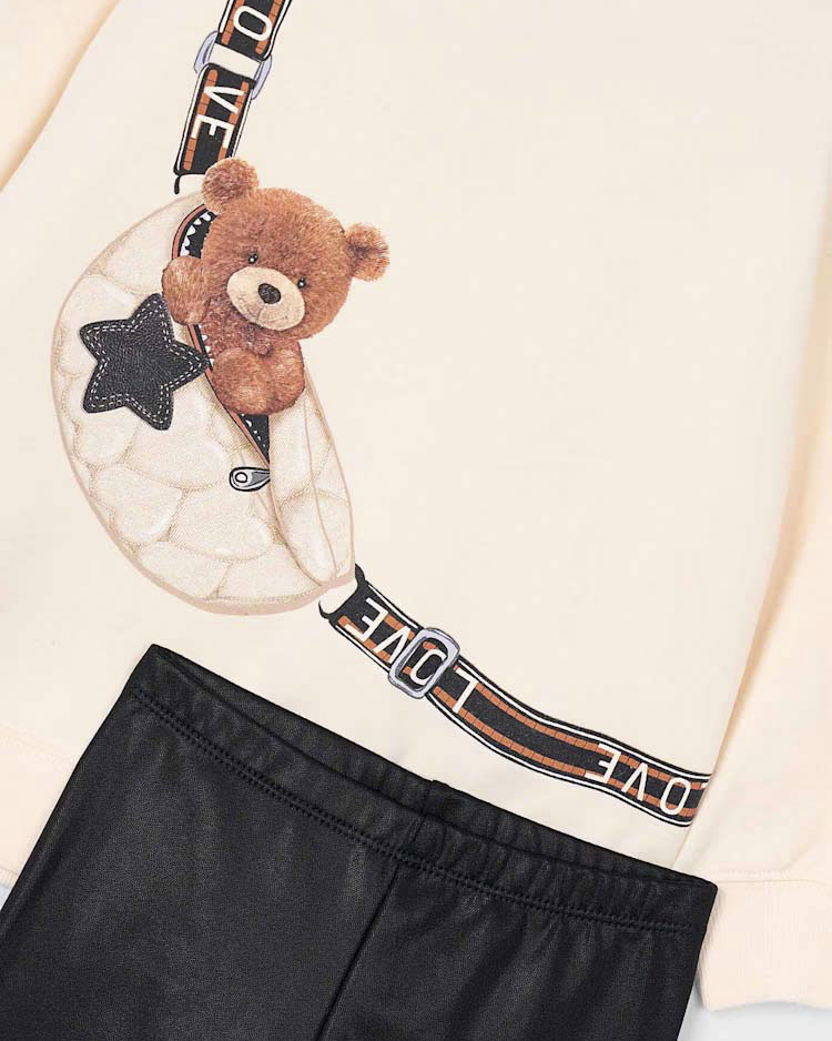 Completo Mayoral pullover avorio e leggins nero con orsetto marsupio image