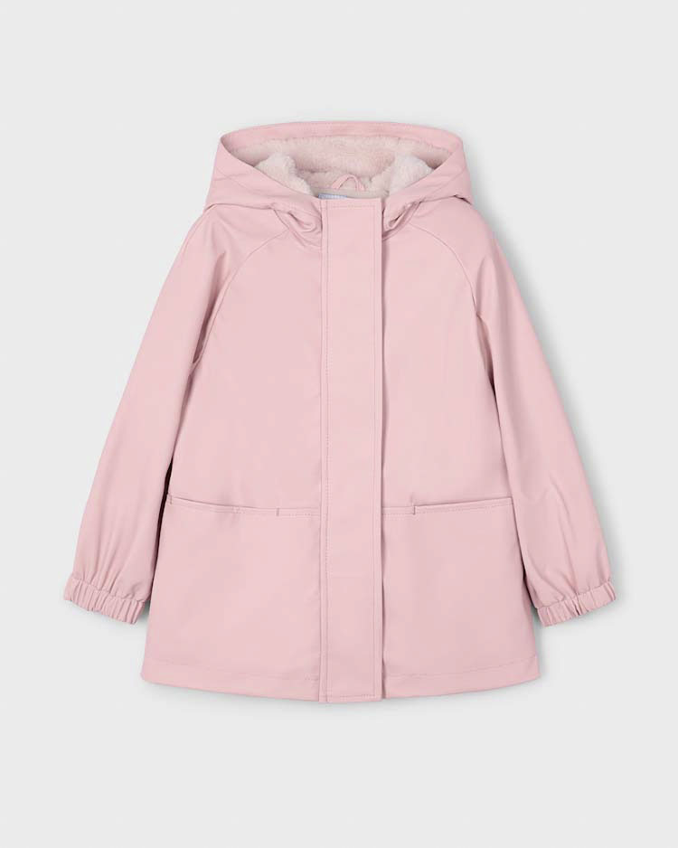 Impermeabile Mayoral rosa con cappuccio in ecopelliccia
