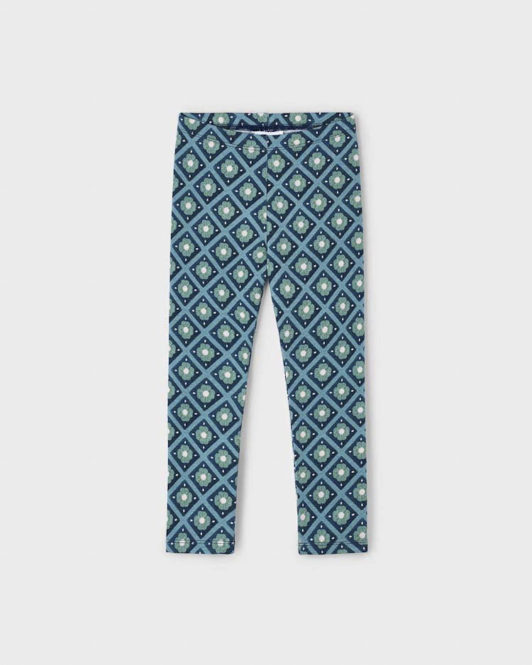 Leggins in fantasia geometrica con fiorellini verde acqua e blu