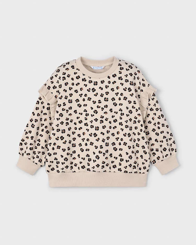 Felpa Mayoral color avorio a maniche lunghe con volant e fantasia maculata